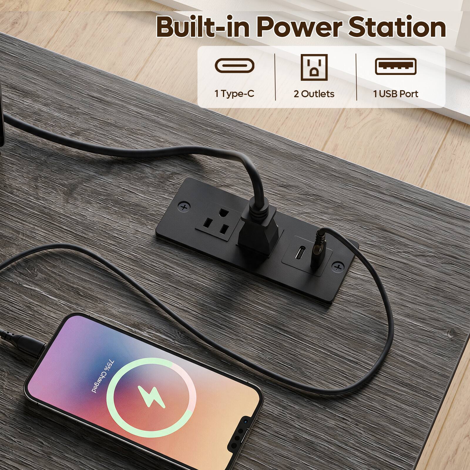 Built-in Power Station
1 Type-C
2 Outlets
1 USB Port
75% Charged
