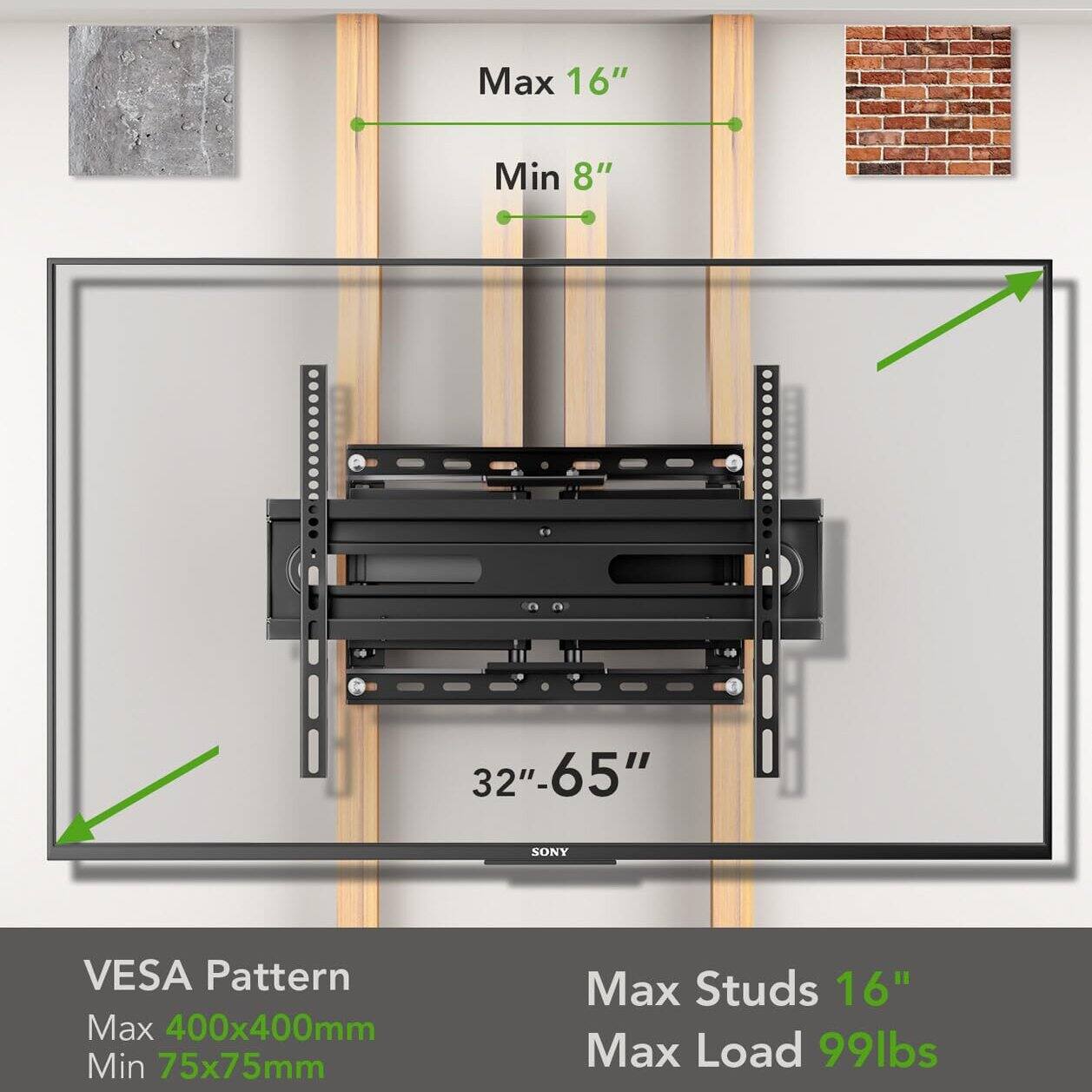 Max 16"  
Min 8"  
32"-65"  
SONY  
VESA Pattern  
Max 400x400mm  
Min 75x75mm  
Max Studs 16"  
Max Load 99lbs