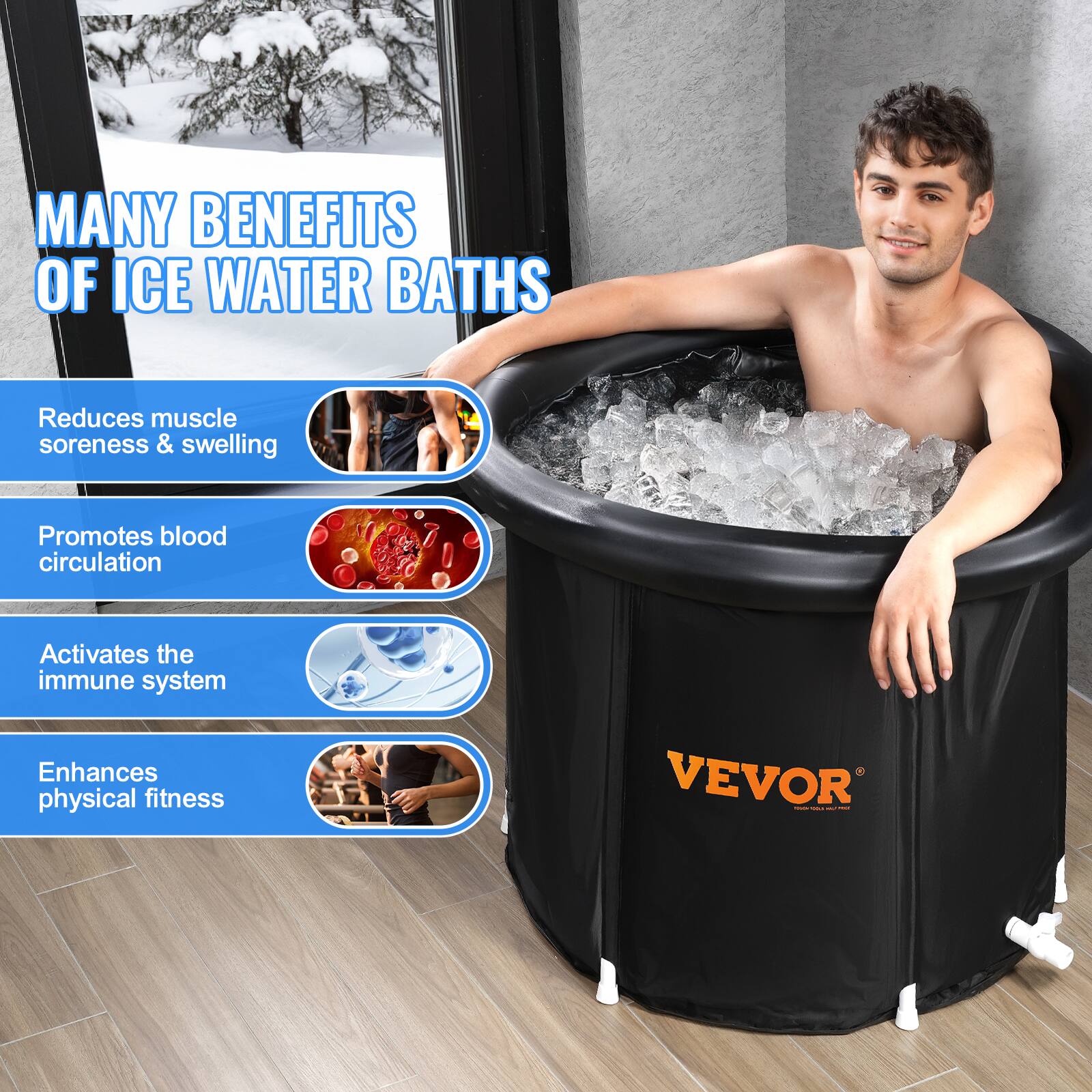 MANY BENEFITS OF ICE WATER BATHS

- Reduces muscle soreness & swelling
- Promotes blood circulation
- Activates the immune system
- Enhances physical fitness

VEVOR