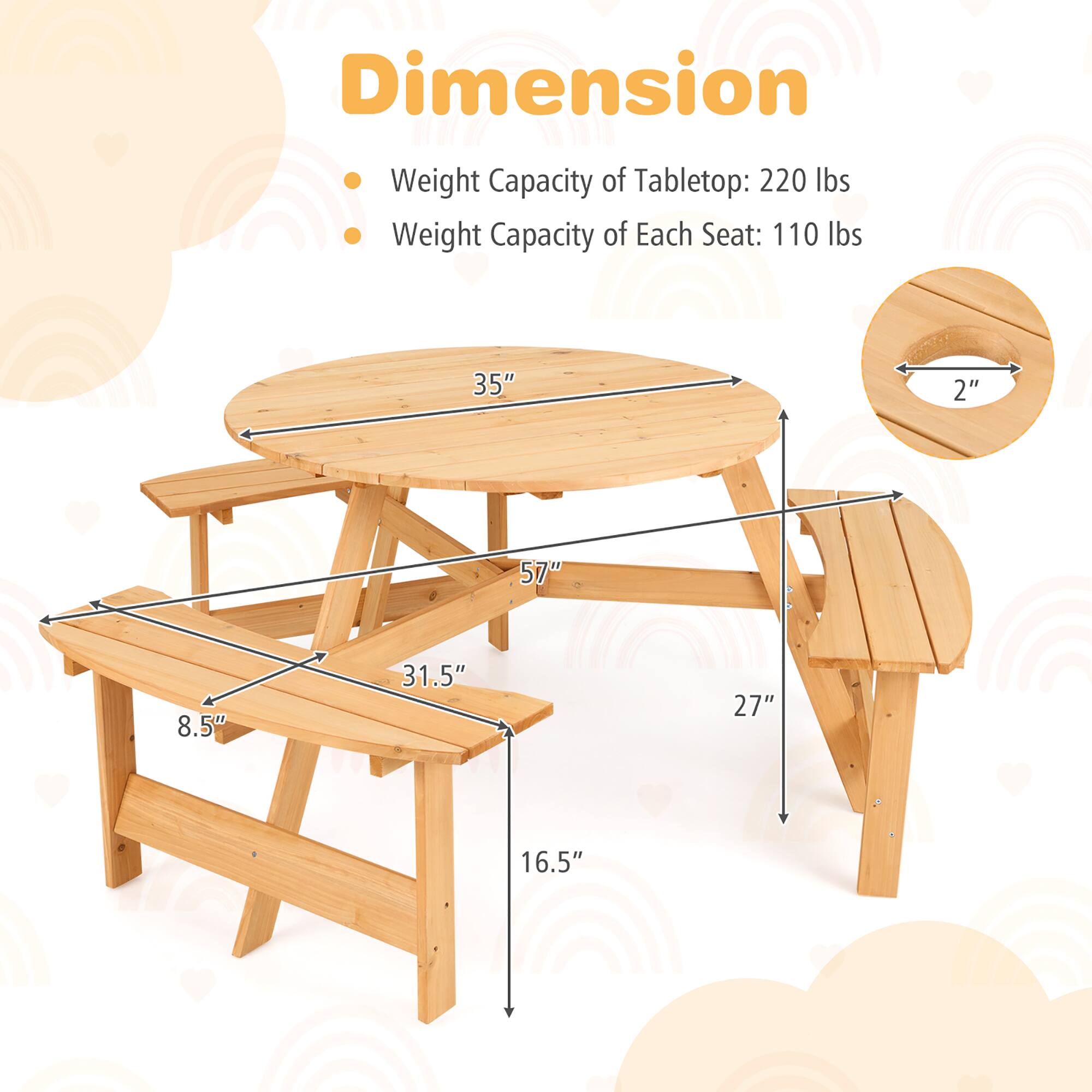 Dimension  
- Weight Capacity of Tabletop: 220 lbs  
- Weight Capacity of Each Seat: 110 lbs  

35"  
2"  
57"  
8.5"  
31.5"  
27"  
16.5"