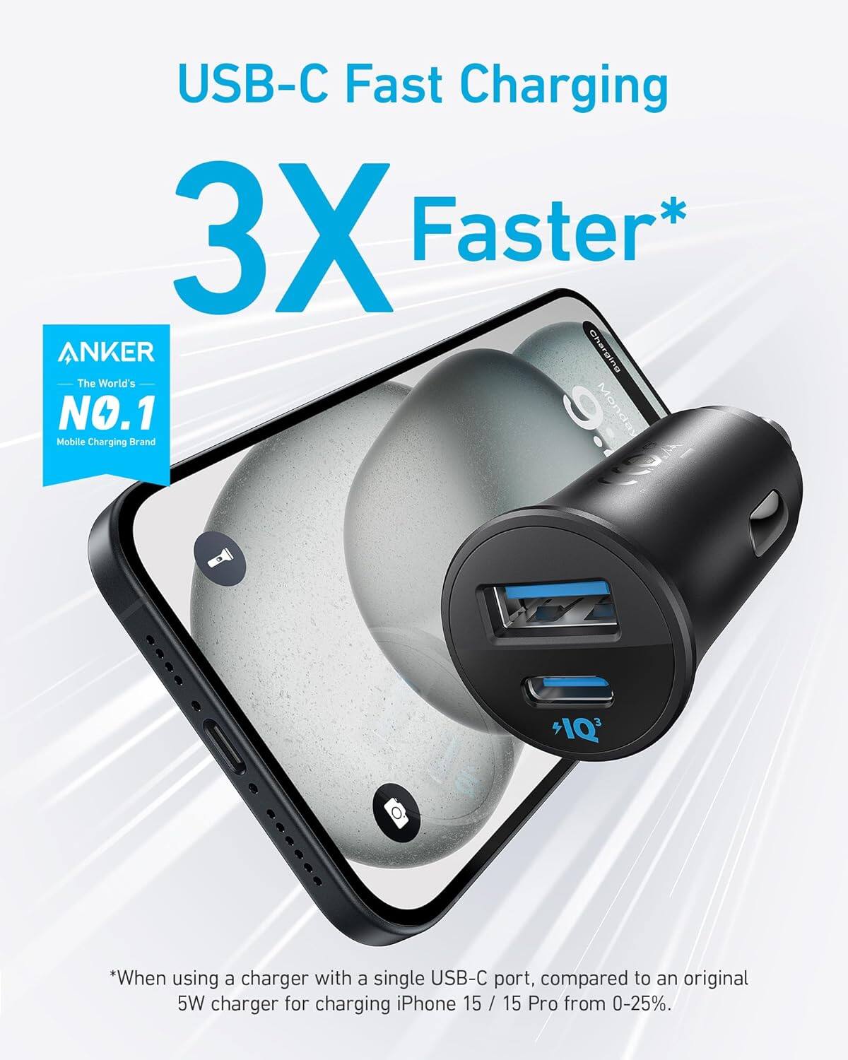 USB-C Fast Charging  
3X Faster*  

ANKER  
The World's NO.1 Mobile Charging Brand  

*When using a charger with a single USB-C port, compared to an original 5W charger for charging iPhone 15 / 15 Pro from 0-25%.
