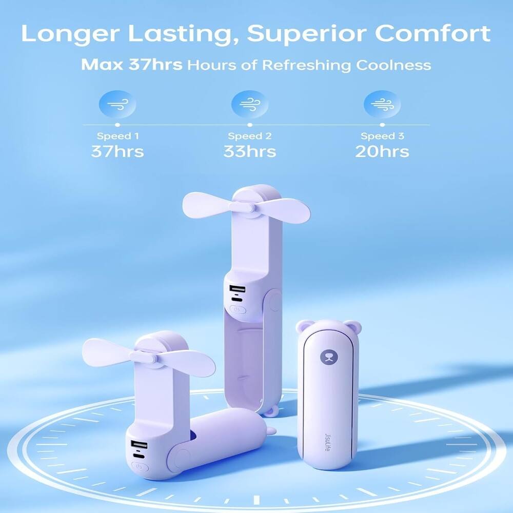 Longer Lasting, Superior Comfort  
Max 37hrs Hours of Refreshing Coolness  
Speed 1: 37hrs  
Speed 2: 33hrs  
Speed 3: 20hrs  

E JisuLife