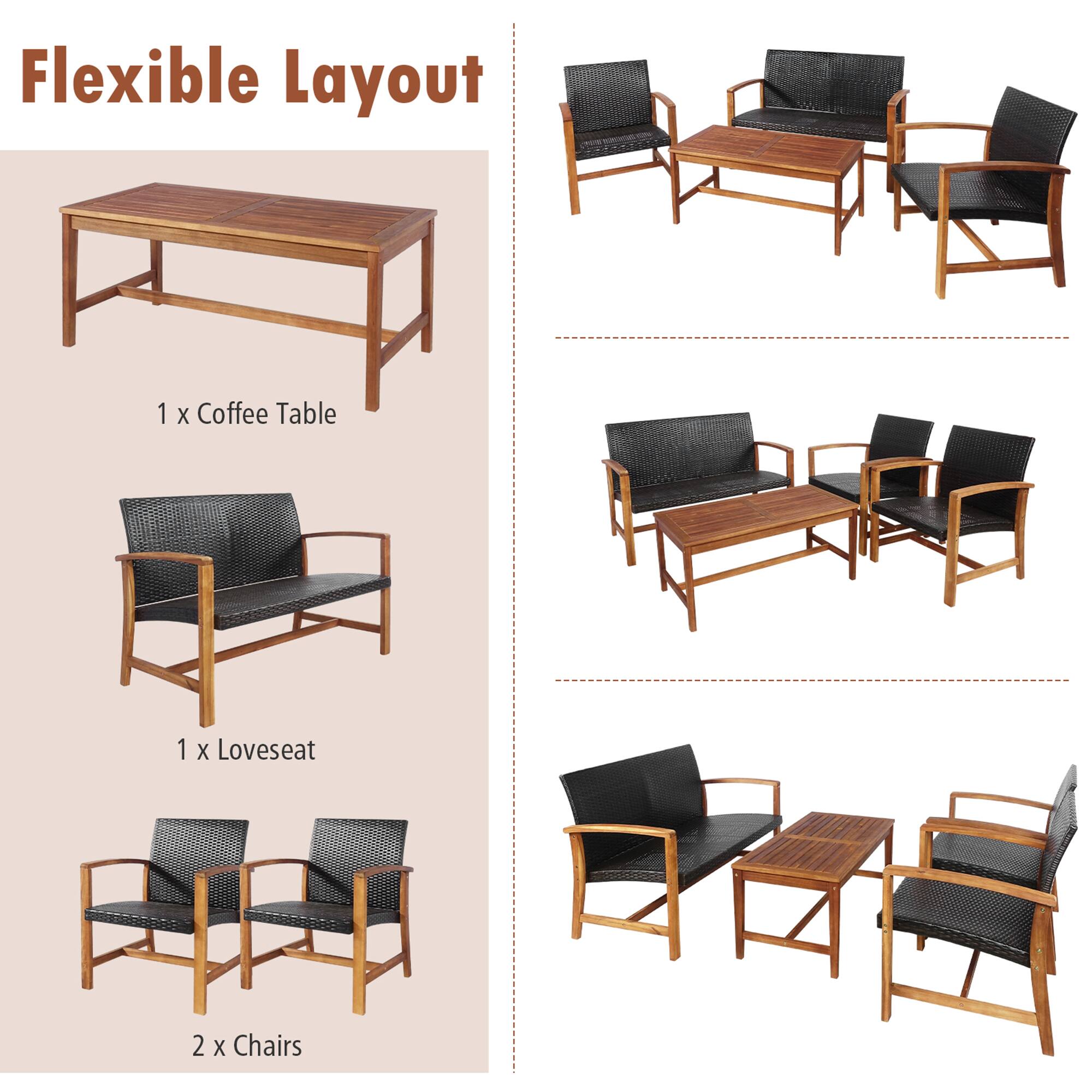 Flexible Layout

1 x Coffee Table

1 x Loveseat

2 x Chairs