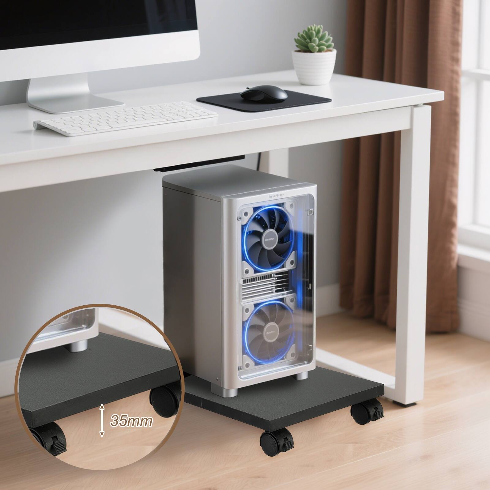 Alt View 4. Unique Bargains - 8x16in PC Stand, Computer Tower Stand Wood CPU Holder Under Desk Mobile Cart 4 Caster Wheel for Floor Carpet - White Marble.