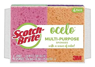 4 Pack Scotch-Brite Ocelo Multi-Purpose Sponges with a wave of color!
4 Handy Sponges (4.5 in x 2.7 in x 0.6 in) (114 mm x 68 mm x 15 mm) EA
3M