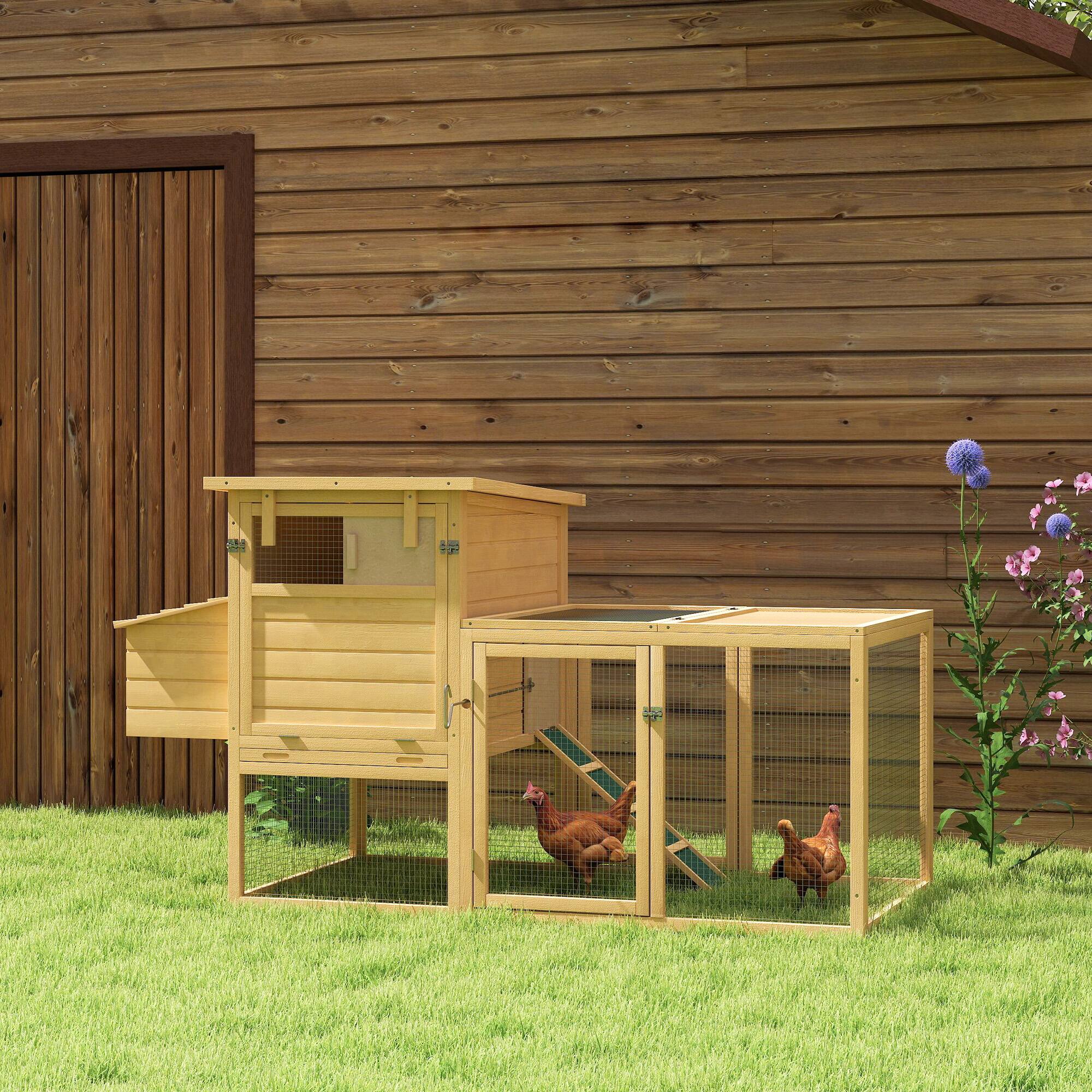 Angle. Pawhut - 75" Wooden Chicken Coop with Nesting Box, Outdoor Hen House with Removable Tray, Ramp, Run, Poultry Cage.