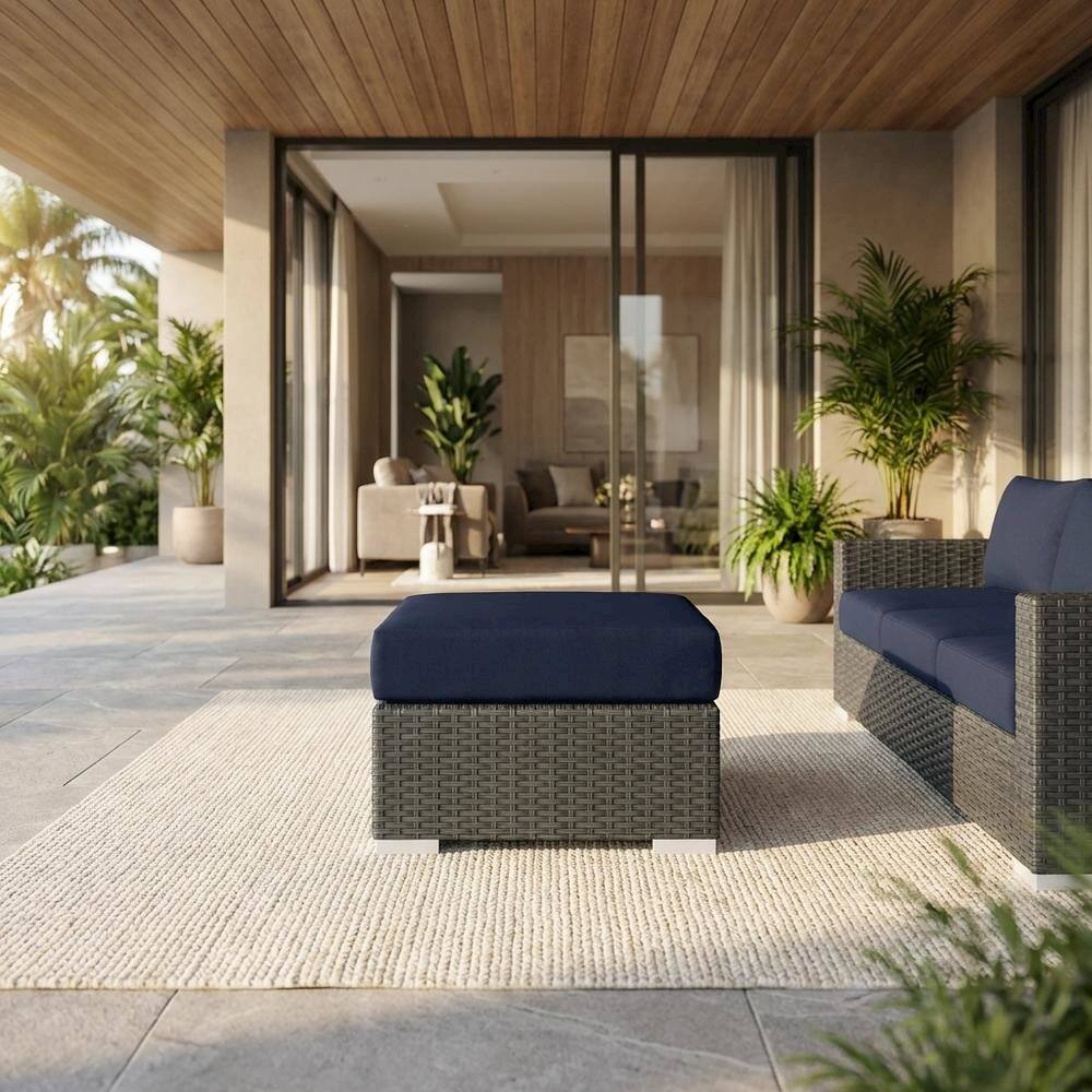 Angle. Outdoor Escape - Stylish Outdoor Ottoman with Durable Fabric and Comfortable Design - Blue.