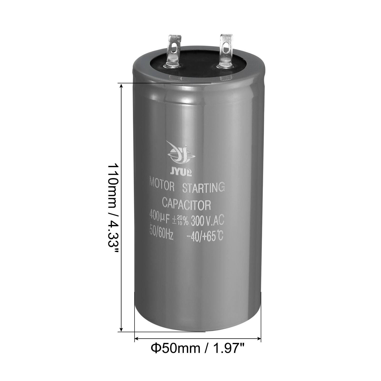 1 110mm / 4.33"  
GUYL MOTOR STARTING CAPACITOR 400µF 28% 300V.AC 50/60Hz -40/+65°C  
50mm / 1.97"