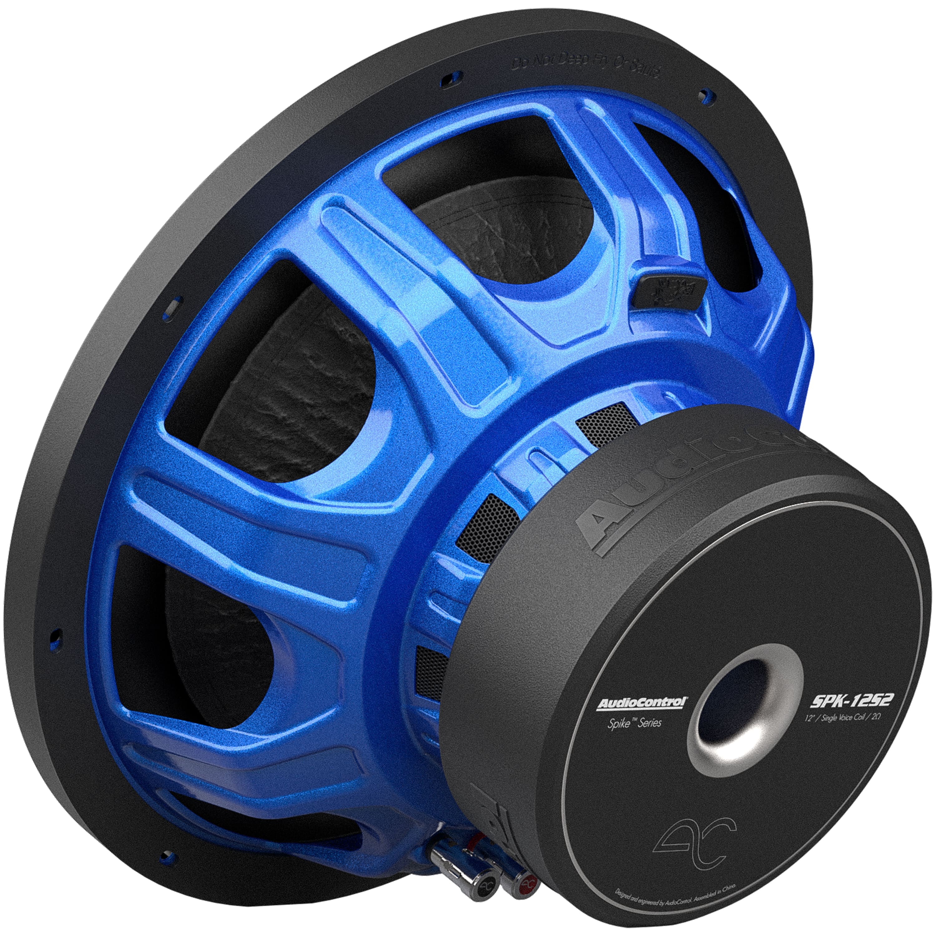 The text on the image reads: "Augie AudioControl - Spike Series SPK-1252 I Sege Soglier Cal/20 oce C/ 2 2 A." This text is a combination of different phrases and words, but it does not provide a clear description of the image. The image features a blue and black speaker, which could be part of the "Augie AudioControl" product.