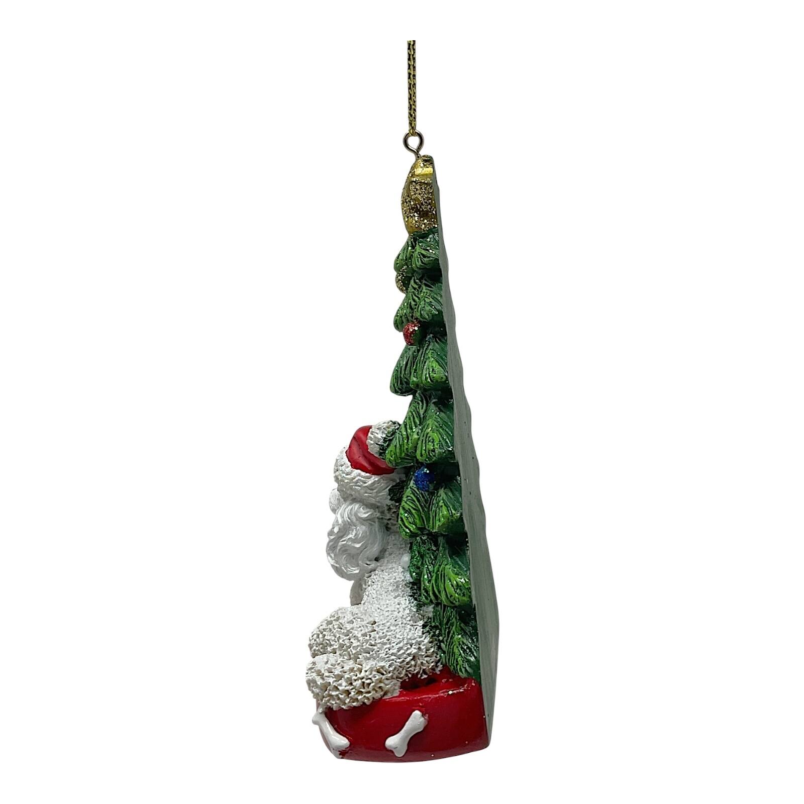 Back. Kurt S Adler - Kurt Adler White Poodle Dog Wearing Santa Hat with Christmas Tree Resin Ornament 4.25 inch - Multicolor.