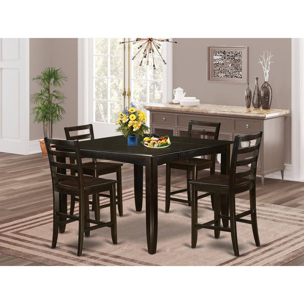 Back. East West Furniture - 5 PC pub Table set- Square Table and 4 Kitchen counter Chairs - Cappuccino.