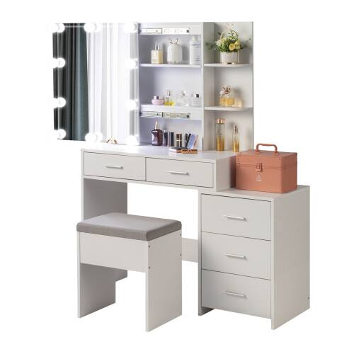 Alt View 1. Winado - Vanity Makeup Table Dressing Desk Set Open Shelves 5 Drawers Cabinet 10 LED Lighted Bulbs Sliding Mirror with Stool Set - White.