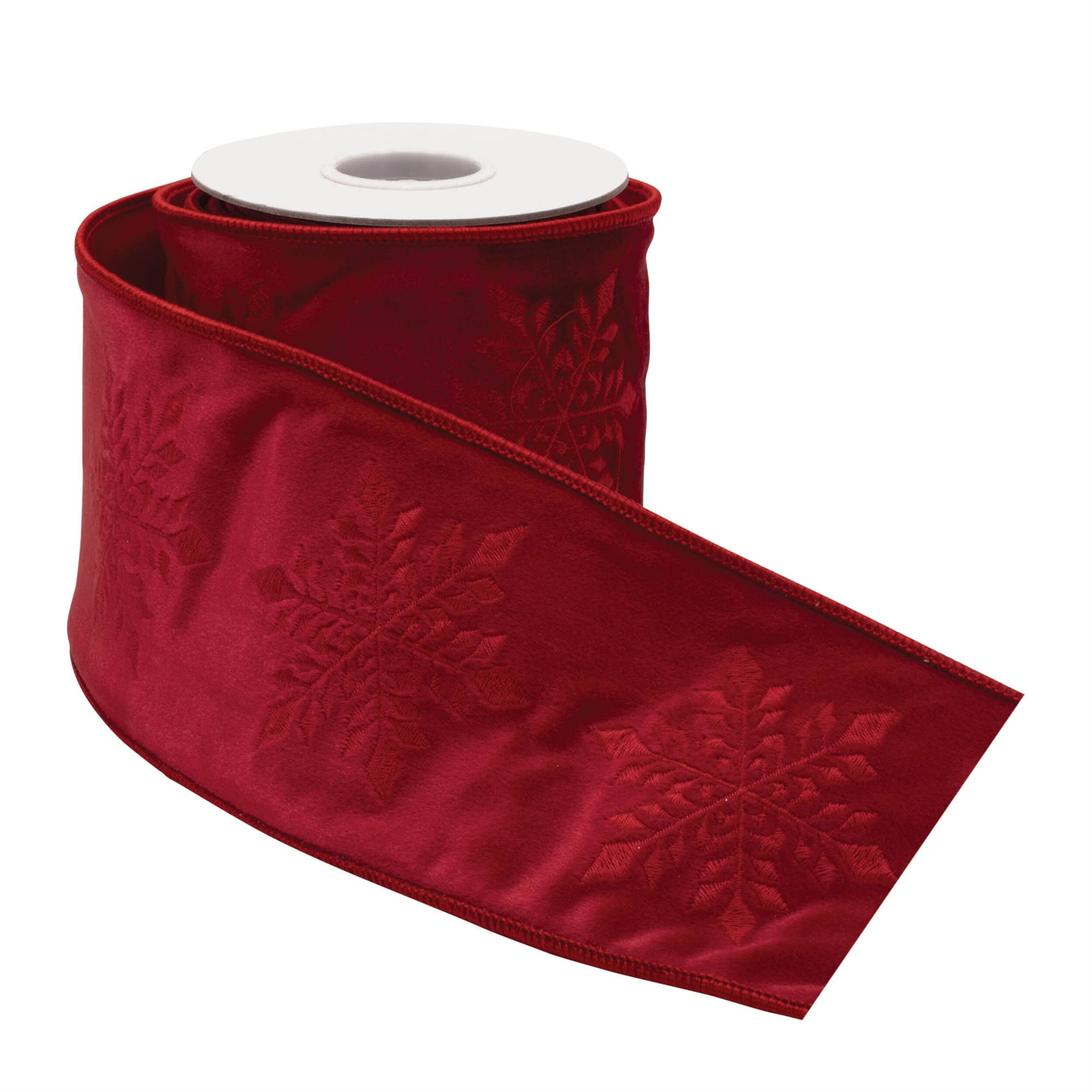 Angle. BreeBe - Embroidered Snowflake Wired Ribbon 4" x 5 Yds. - Red.