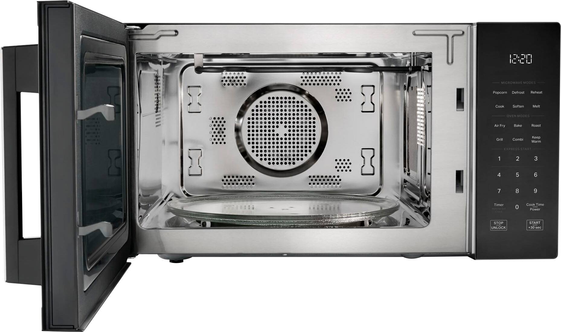 The text on the image reads:

12:20 MICROWAVE MODES Popcorn Defrost Reheat Cook Soften Meit OVEN MODES Air Fry Bake Roast Grill Combi Keep Warm EXPRESS START 1 2 3 4 5 6 7 8 9 0 Cook Time Power STOP UNLOCK START +30 s

The corrected text should be:

12:20 Microwave Modes: Popcorn, Defrost, Reheat, Cook, Soften
Meit Oven Modes: Air Fry, Bake, Roast, Grill, Combi, Keep Warm
Express Start 1-9
0 Cook Time
Power
STOP
UNLOCK
START +30 s