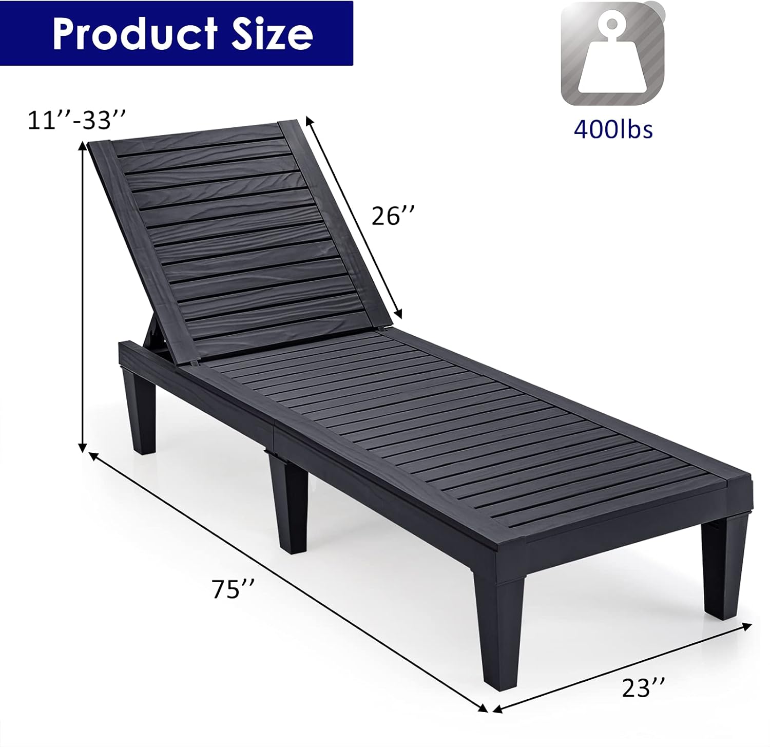 Product Size: 11"-33" x 26" x 75" x 23"  
Weight Capacity: 400lbs