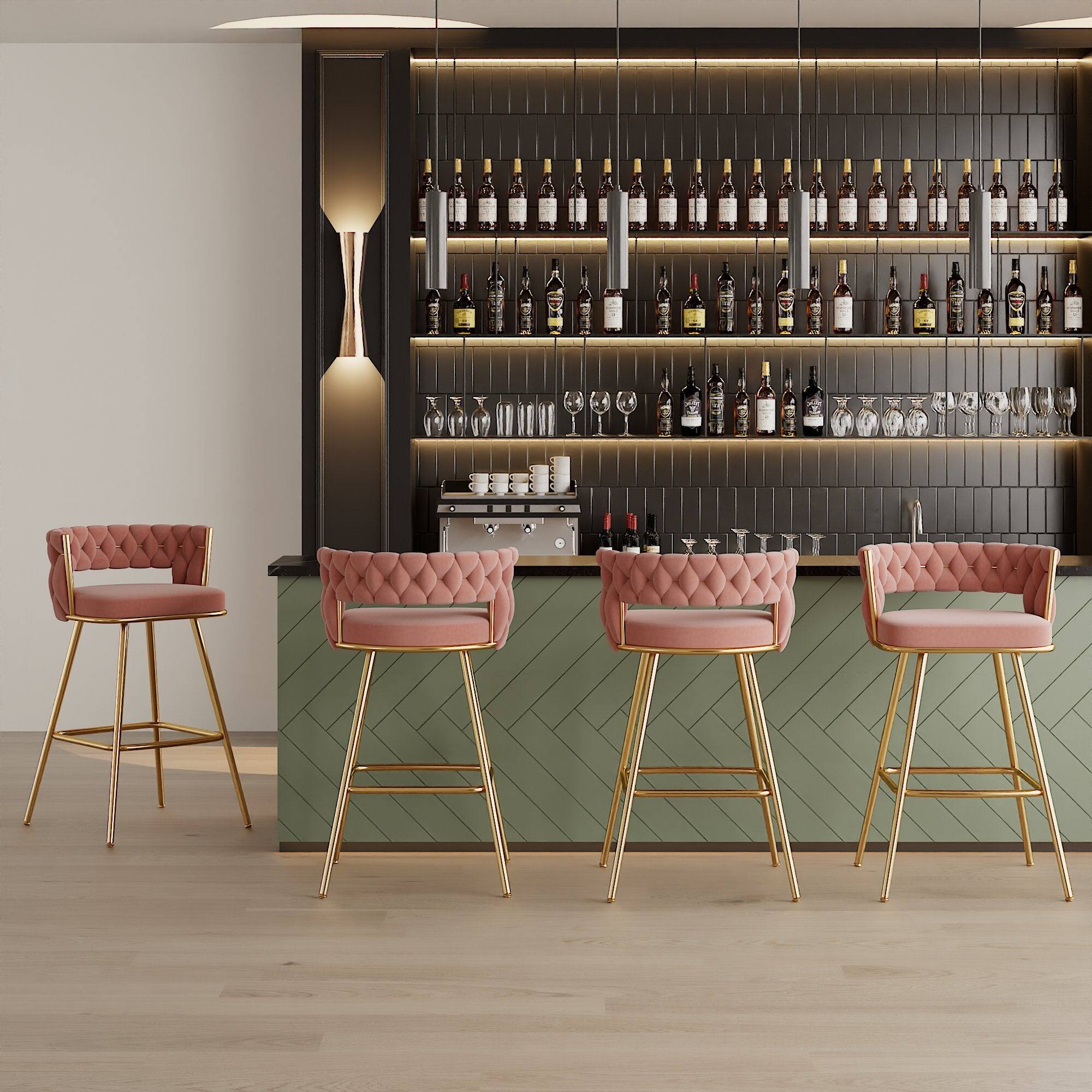 Alt View 4. Vecelo - Set of 2 Pink PU Leather Bar Stool with Electroplated Metal Frame – 34-Inch Tall Bar Chair with Footrest - Pink.