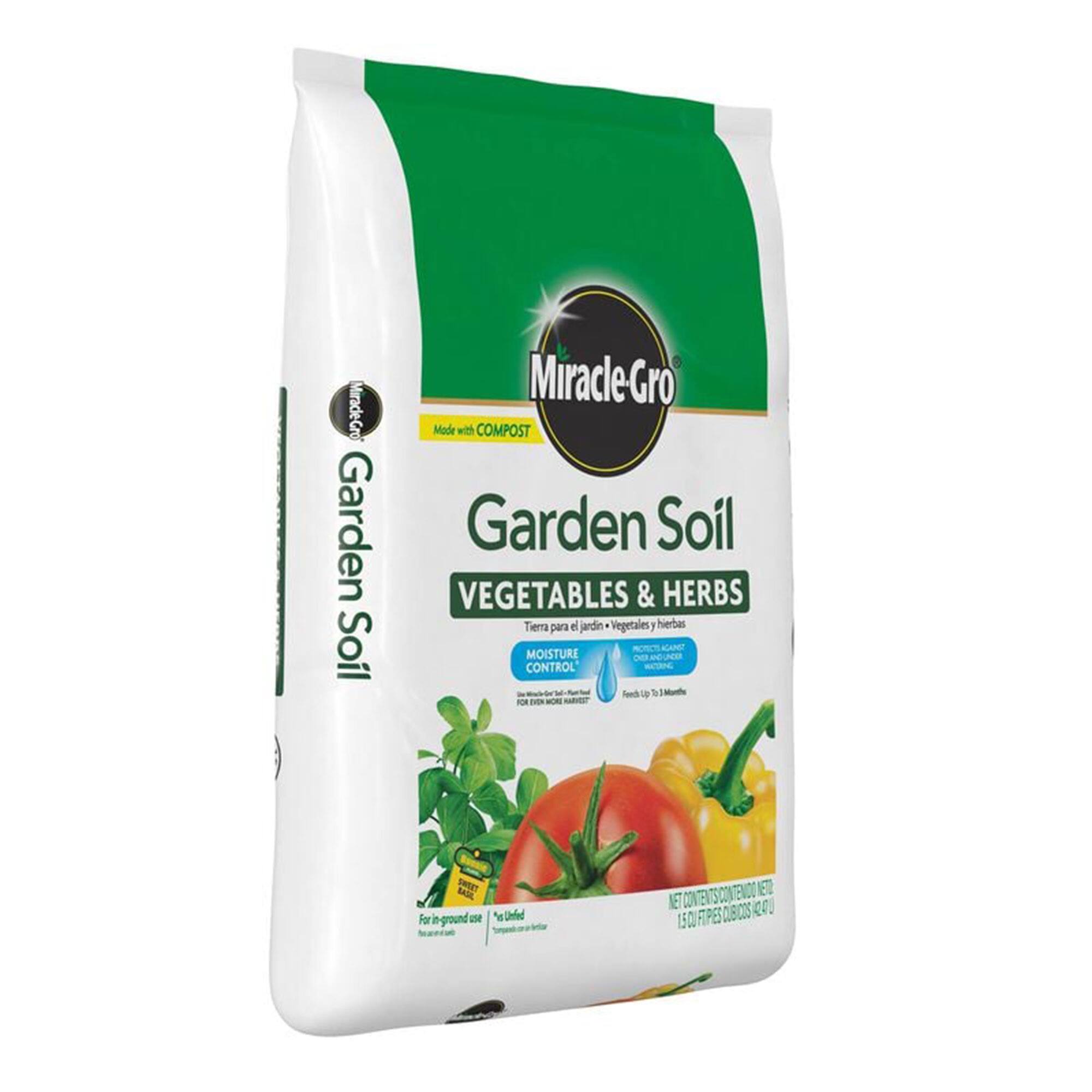 Miracle-Gro Garden Soil  
Made with COMPOST  
VEGETABLES & HERBS  
Tierra para el jardín Vegetales y hierbas  
MOISTURE CONTROL  
For in-ground use  
150 a FIPES DUBICOS