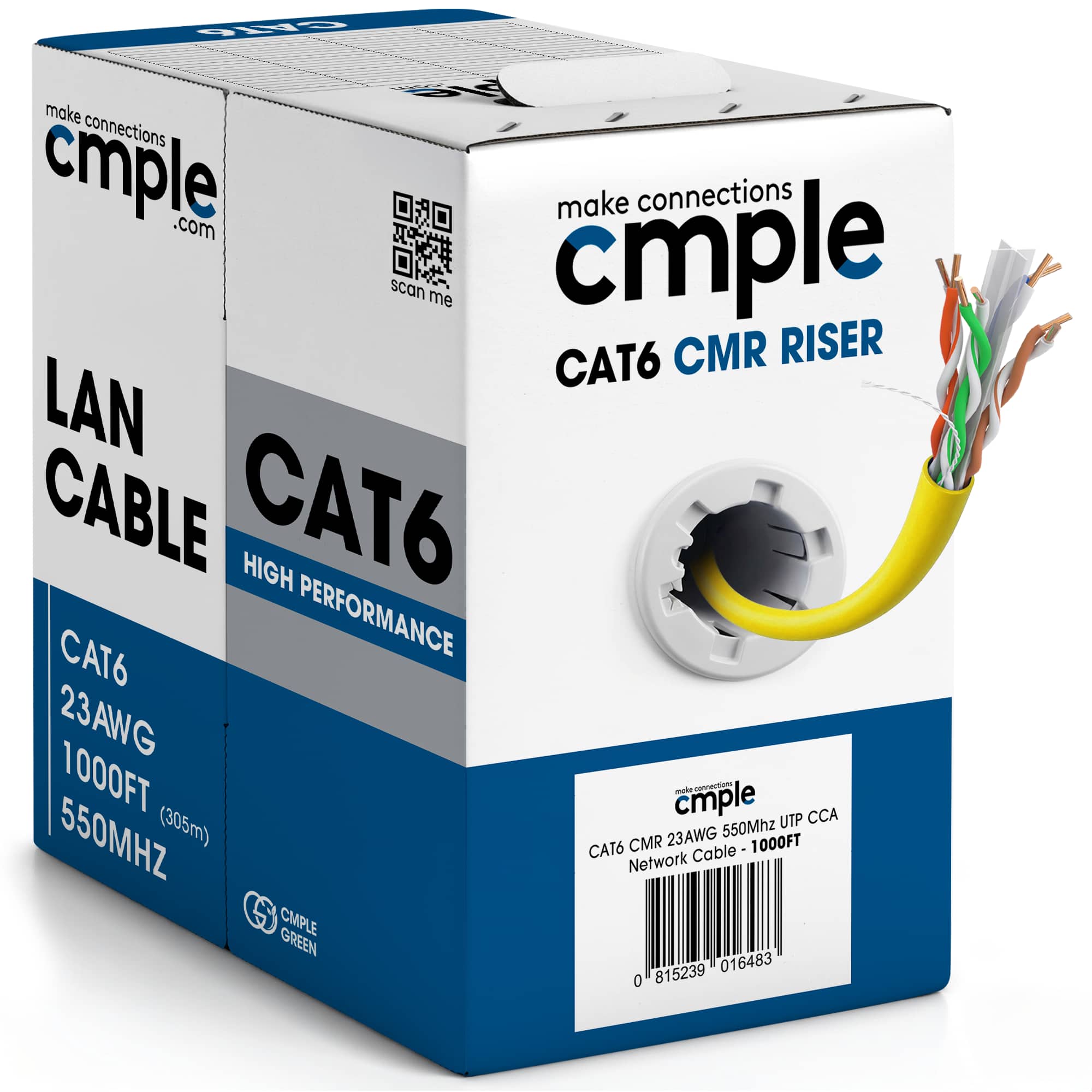 Cmple.com - Cmple - Cat6 Cable 1000ft Bulk Lan Ethernet Cat 6 Wire Network UTP 23AWG CMR Riser 10 Gbps 550 MHz Pull Box - Yellow