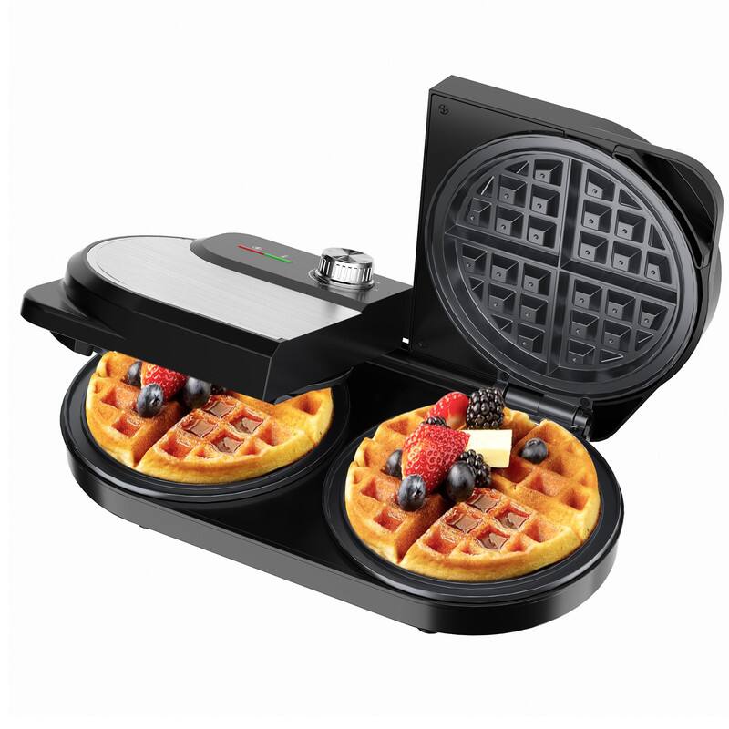 Front. YASHE - Double Belgian Waffle Maker 6 Inch, 1400W Stainless Steel Waffle Iron with Nonstick Plates & Temperature Control - Black.