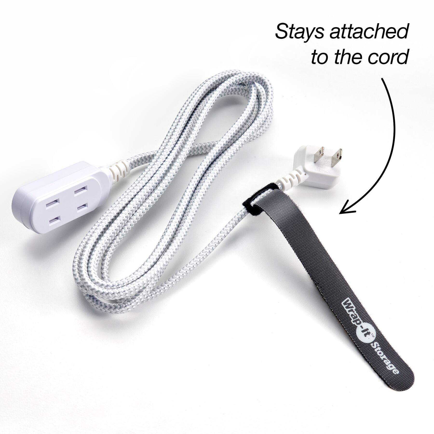 Stays attached to the cord. E Wrap-It Storage.