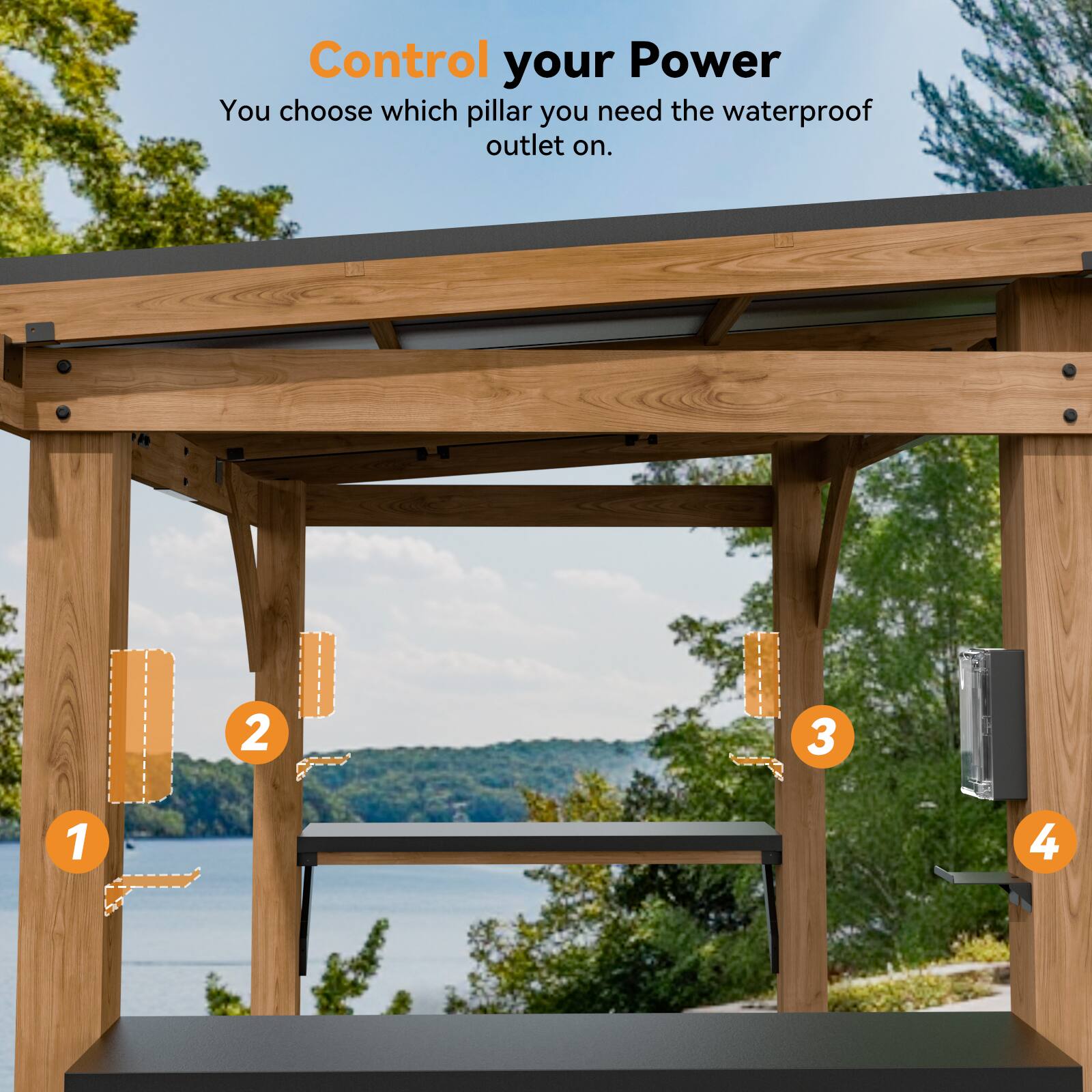 Control your Power  
You choose which pillar you need the waterproof outlet on.  

1  
2  
3  
4