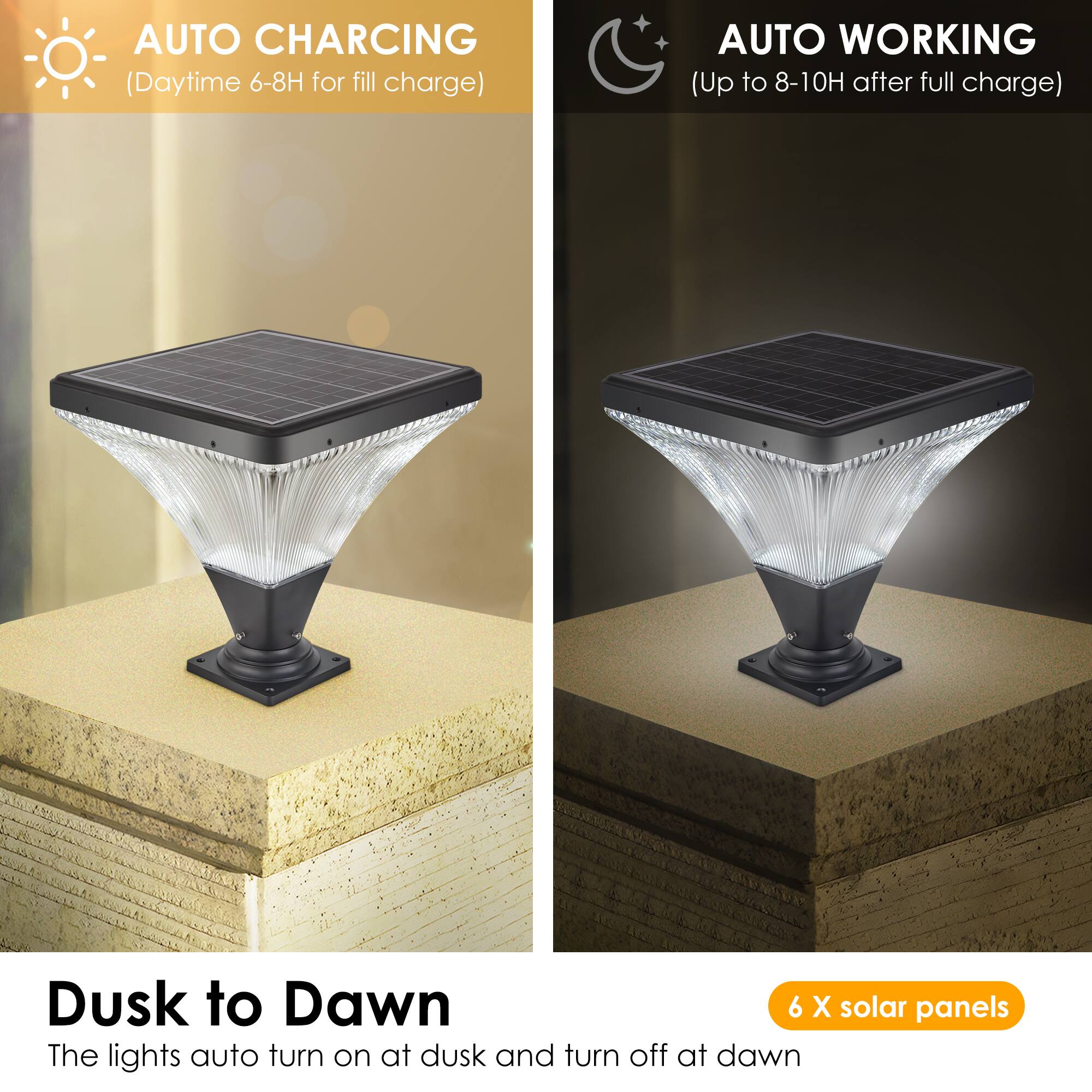 AUTO CHARGING  
(Daytime 6-8H for fill charge)  

AUTO WORKING  
(Up to 8-10H after full charge)  

Dusk to Dawn  
The lights auto turn on at dusk and turn off at dawn  

6 X solar panels