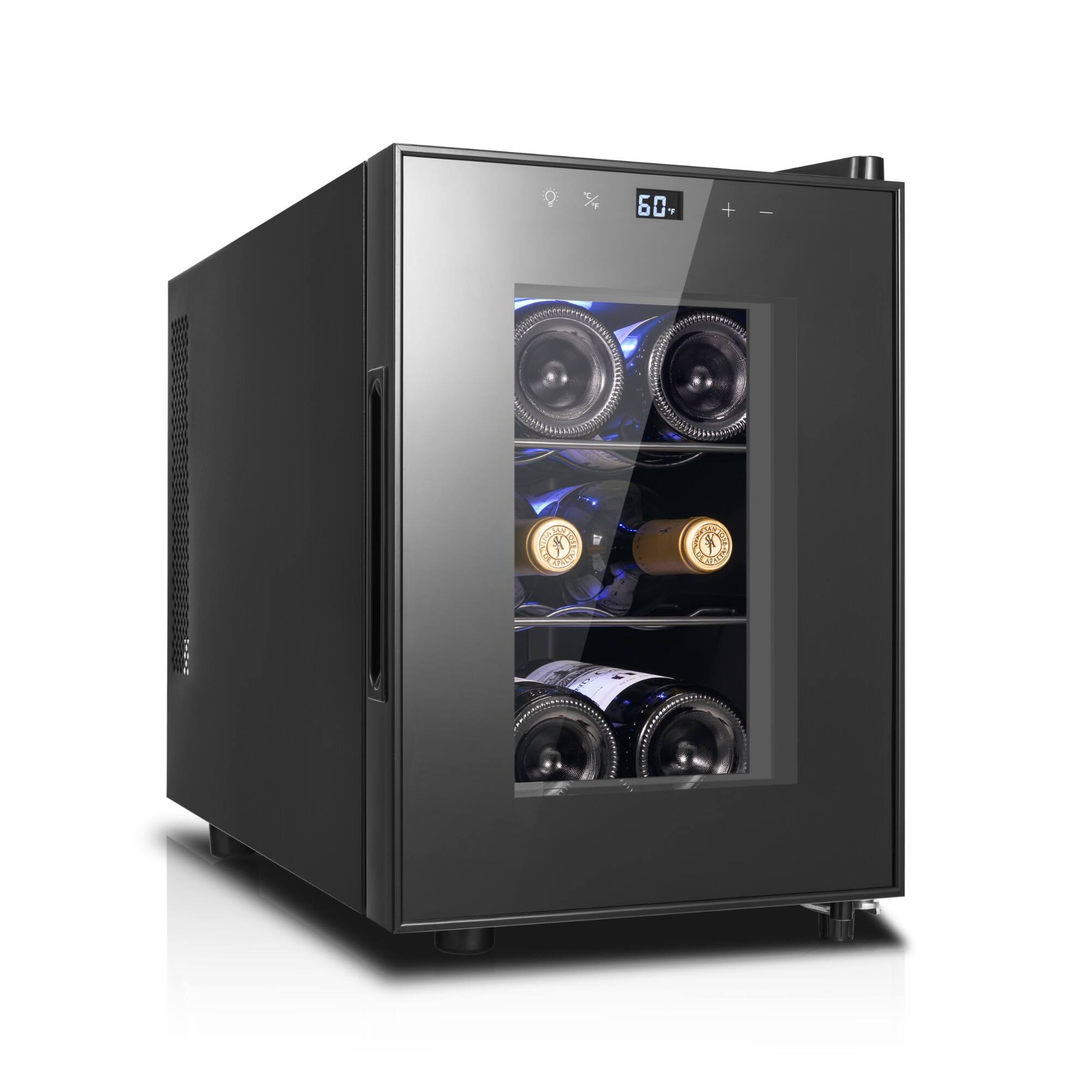 Angle. Yeego - Wine Cooler Refrigerator，6-Bottle  Mini Thermoelectric Fridge, Digital 40-65°F & Quiet , Compact for Home/Office - Black.