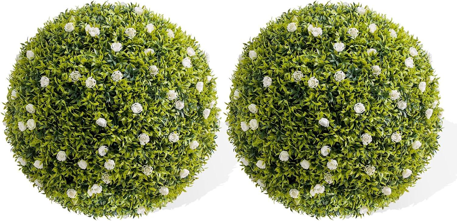 Front. Homhougo - 16.5 in Artificial Plant Topiary Ball Set of 2, Decorative Artificial Boxwood Balls with White Flowers, Indoor Outdoor - White.