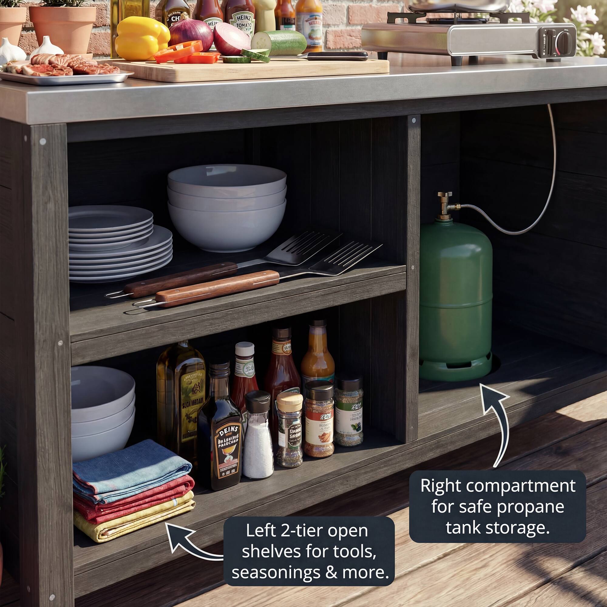 Left 2-tier open shelves for tools, seasonings & more.  
Right compartment for safe propane tank storage.