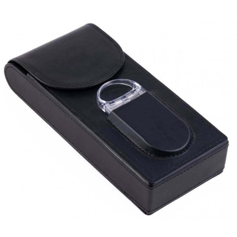 Front. Prestige - 3 Cigar Leather Case with Cutter (Black) - Black Leather Finish.