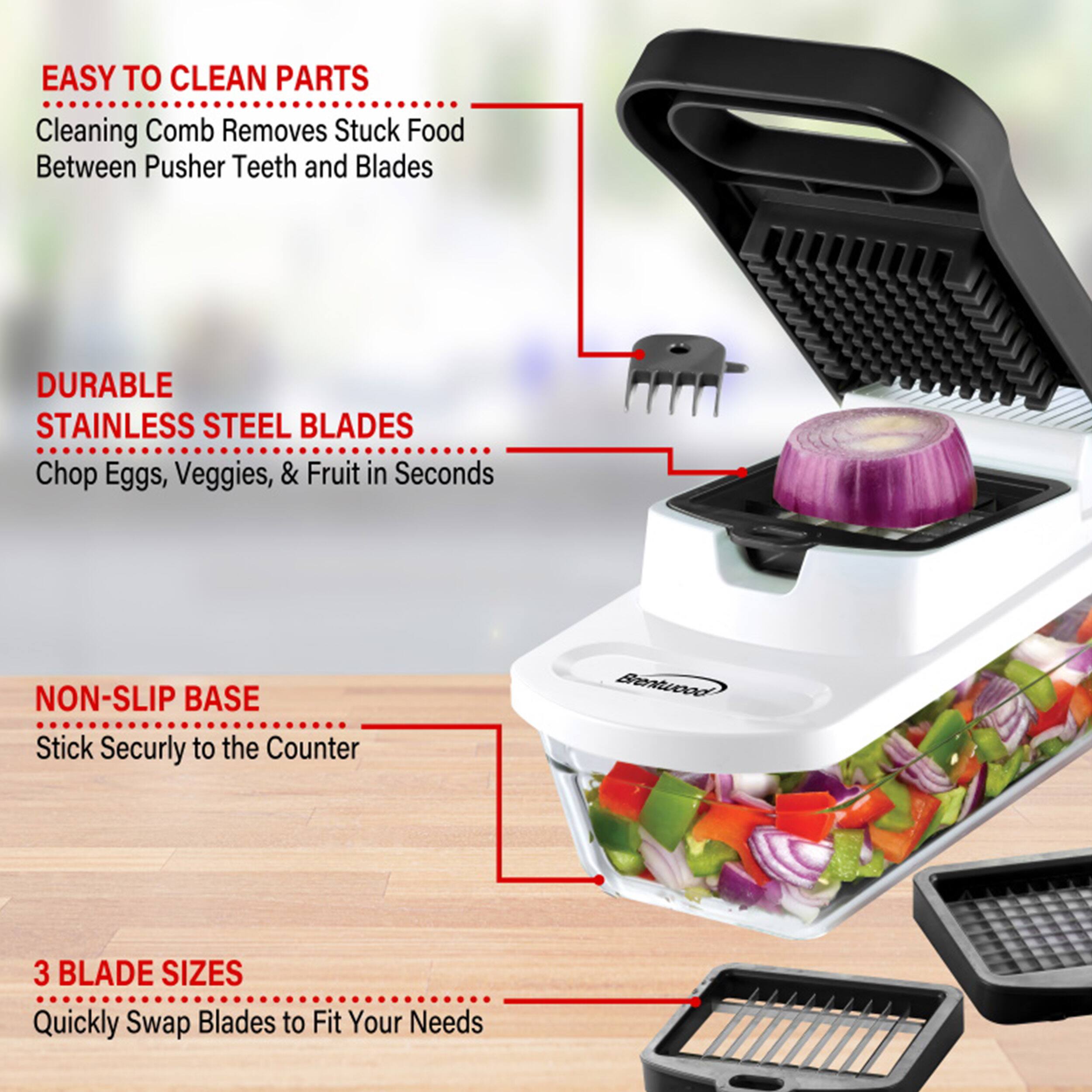 EASY TO CLEAN PARTS Cleaning Comb Removes Stuck Food Between Pusher Teeth and Blades
DURABLE STAINLESS STEEL BLADES Chop Eggs, Veggies, & Fruit in Seconds
NON-SLIP BASE Stick Securly to the Counter
3 BLADE SIZES Quickly Swap Blades to Fit Your Needs