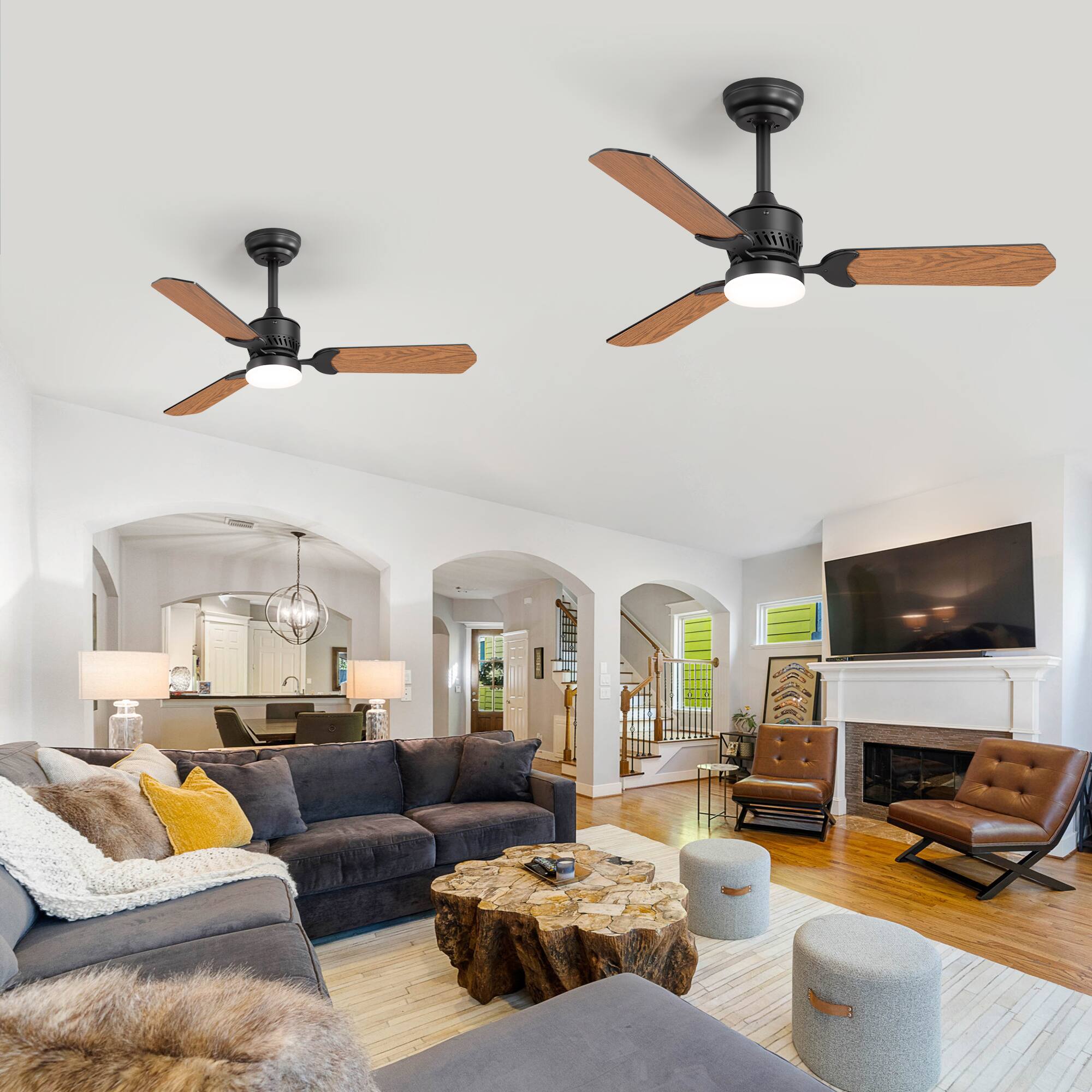 Alt View 2. Breezary - Breezary 42-In Traditional 2-Pack Ceiling Fan, 3 Plywood Blades, 2 Downrods, 6-Speed DC Motor, Remote Control and Timer - Matte Black and Deep Wood Grain.