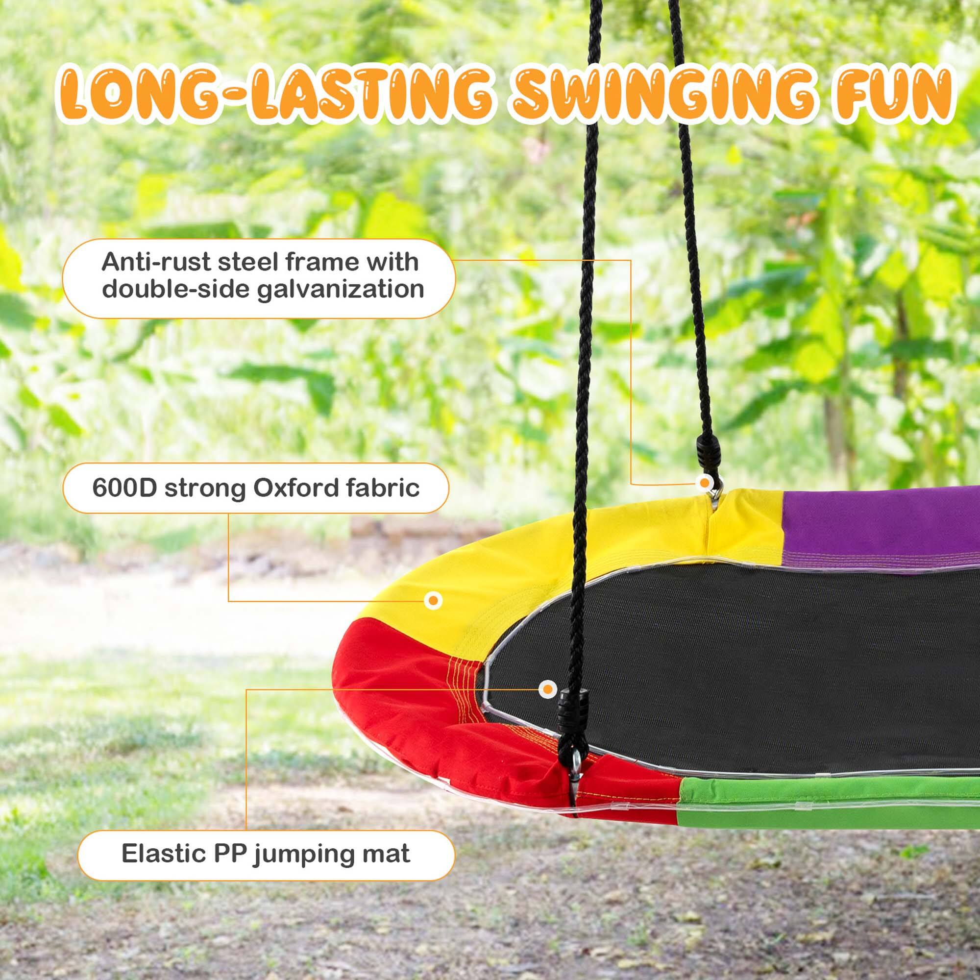 LONG-LASTING SWINGING FUN

- Anti-rust steel frame with double-side galvanization
- 600D strong Oxford fabric
- Elastic PP jumping mat