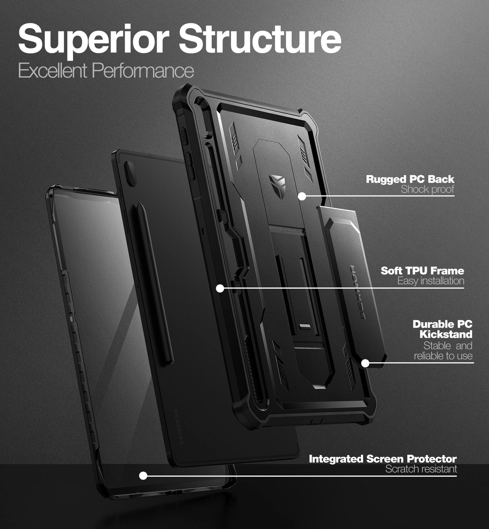 Superior Structure  
Excellent Performance  

- Rugged PC Back  
  Shock proof  

- Soft TPU Frame  
  Easy installation  

- Durable PC Kickstand  
  Stable and reliable to use  

- Integrated Screen Protector  
  Scratch resistant
