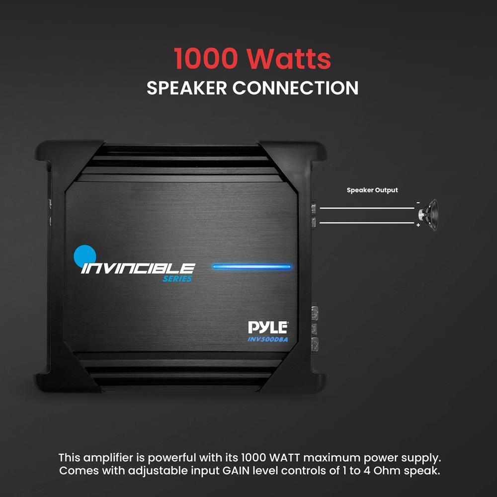 1000 Watts SPEAKER CONNECTION  
Speaker output  

INVINCIBLE SERIES  
PYLE  
INV500DBA  

This amplifier is powerful with its 1000 WATT maximum power supply. Comes with adjustable input GAIN level controls of 1 to 4 Ohm speak.
