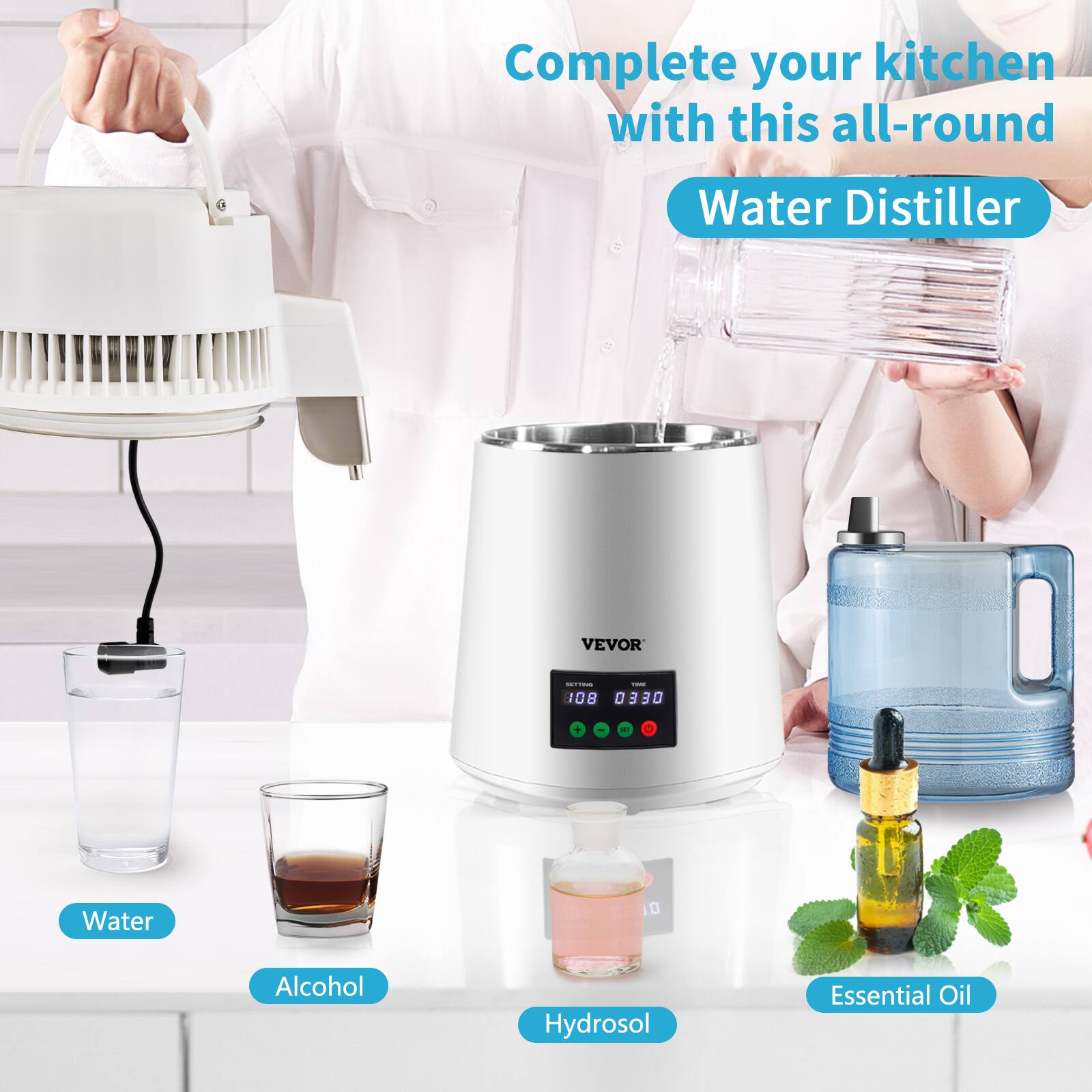 Complete your kitchen with this all-round Water Distiller VEVOR:  
- Water  
- Alcohol  
- Hydrosol  
- Essential Oil