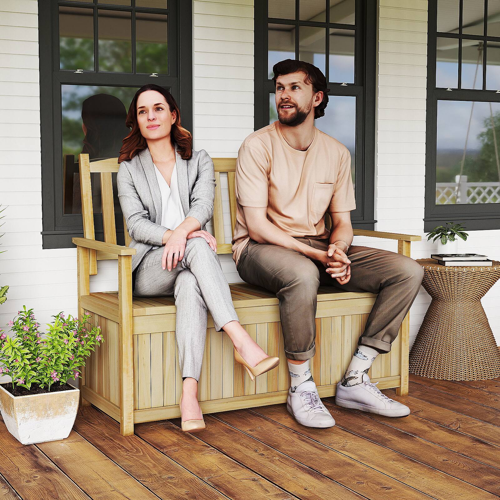Alt View 1. Gymax - Gymax Storage Bench Outdoor Solid Wood Deck Box w/Backrest Slatted Seat & Armrests - Yellow.