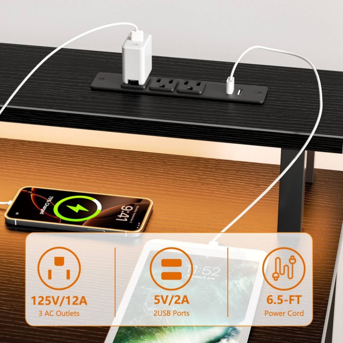 75% Charged  
9:41 September 9  
125V/12A 3 AC Outlets  
11:52 Sunday, 8 June  
5V/2A 2 USB Ports  
6.5-FT Power Cord