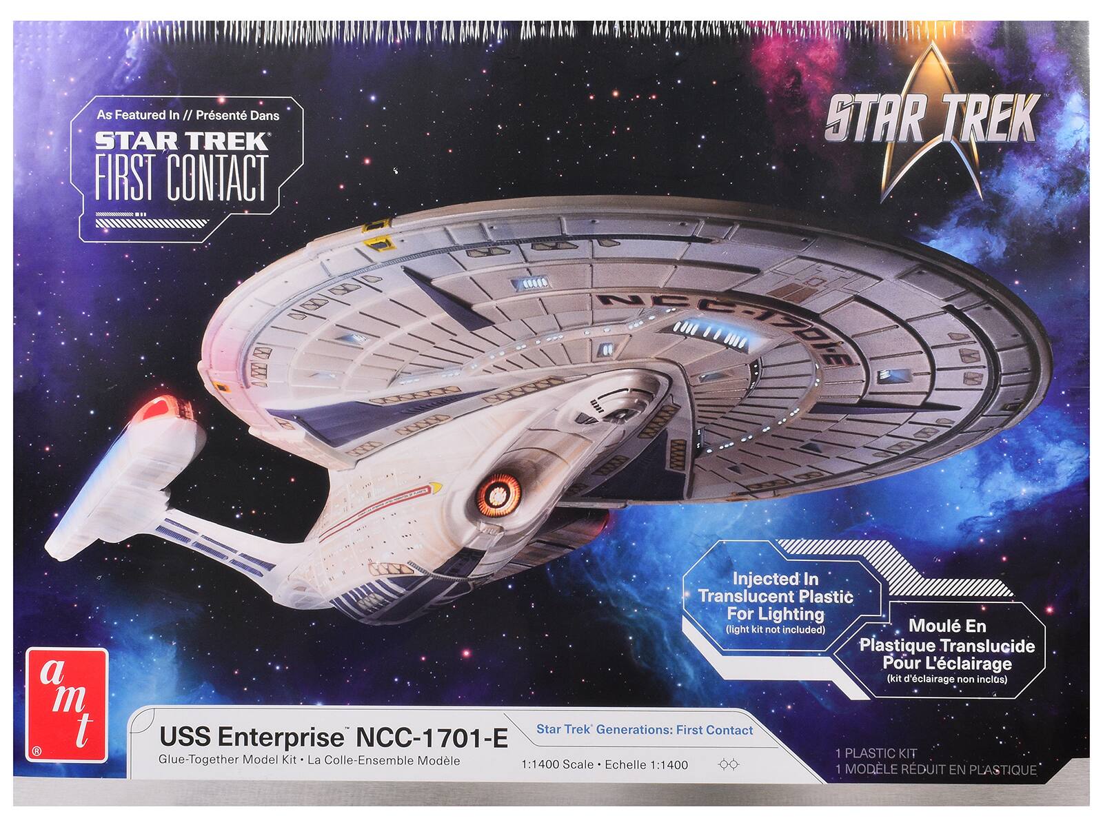 As Featured In / Présenté Dans STAR TREK FIRST CONTACT

STAR TREK

USS Enterprise NCC-1701-E

Glue-Together Model Kit - La Colle-Ensemble Modèle

1:1400 Scale - Échelle 1:1400

Injected In Translucent Plastic For Lighting (light kit not included) - Moulé En Plastique Translucide Pour L'éclairage (kit d'éclairage non inclus)

1 PLASTIC KIT - 1 MODÈLE RÉDUIT EN PLASTIQUE