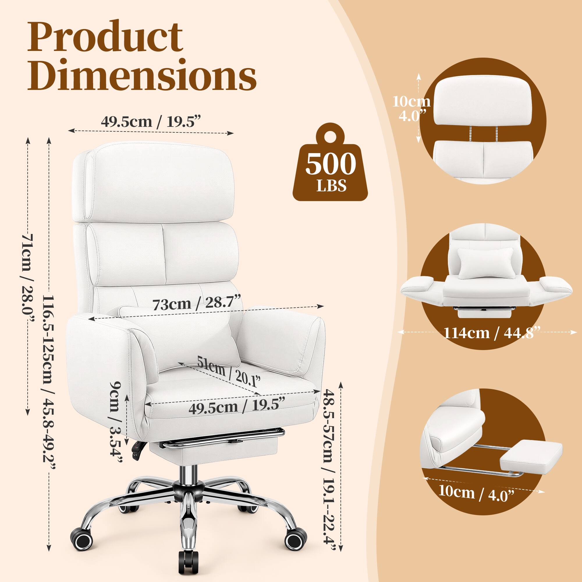 Product Dimensions

- 49.5cm / 19.5"
- 10cm / 4.0"
- 500 LBS
- 73cm / 28.0"
- 116.5-125cm / 45.8-49.2"
- 9cm / 3.54"
- 71cm / 28.7"
- 20.1"
- 49.5cm
- 9.5cm / 3.74"
- 48.5-57cm / 19.1-22.4"
- 114cm / 44.8"
- 10cm / 4.0"