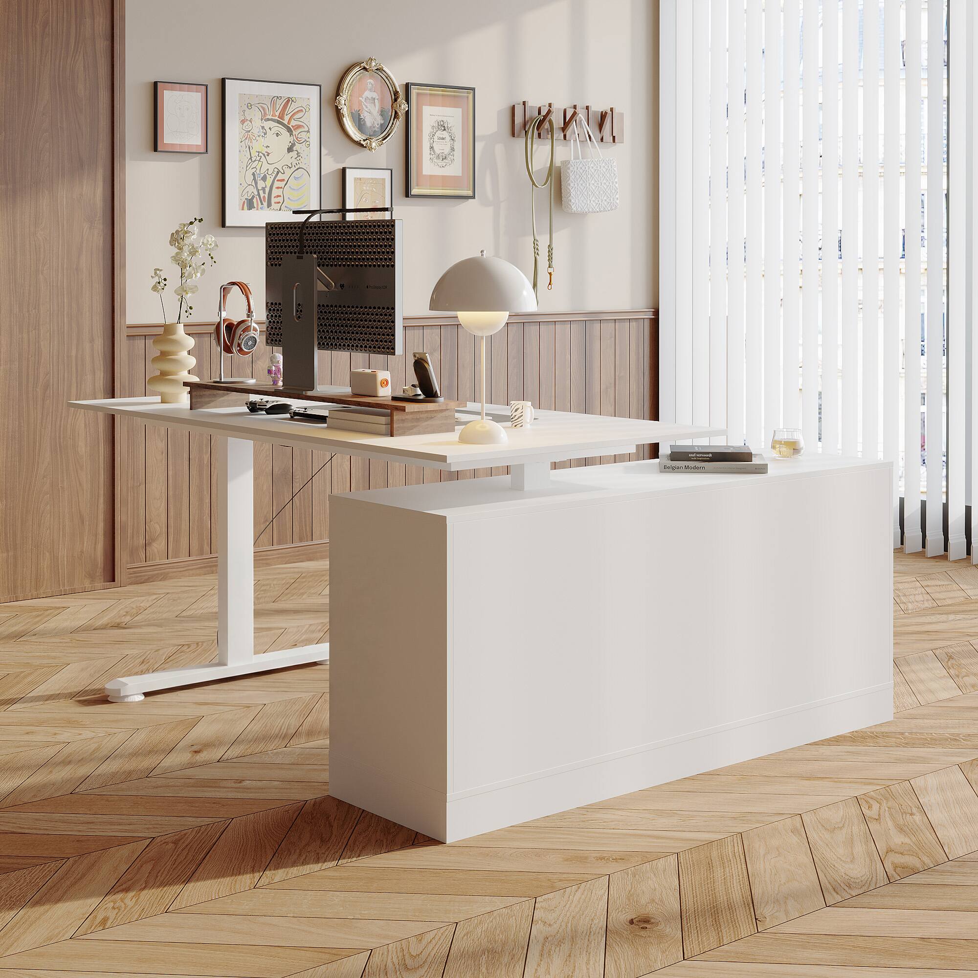 Left. FUFU & GAGA - Electric Standing Desk with Interchangeable Storage Cabinet – 63" Sit Stand Workstation, 4 Memory Presets - White.