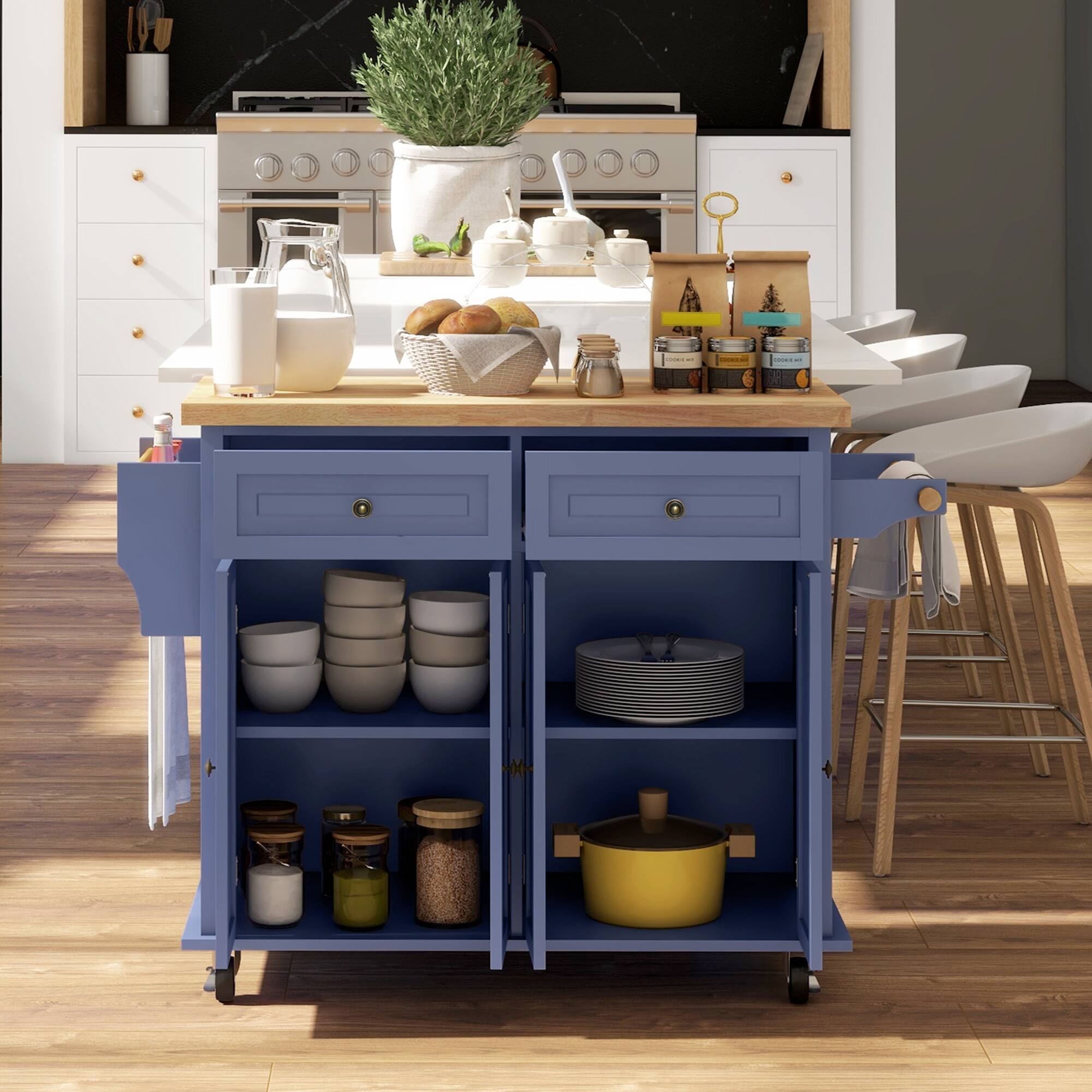 Alt View 7. Homcom - Kitchen Island Cart with Rubber Wood Top, Portable Table on Wheels with Adjustable Shelves, Spice Rack and Towel Rack - Navy Blue.