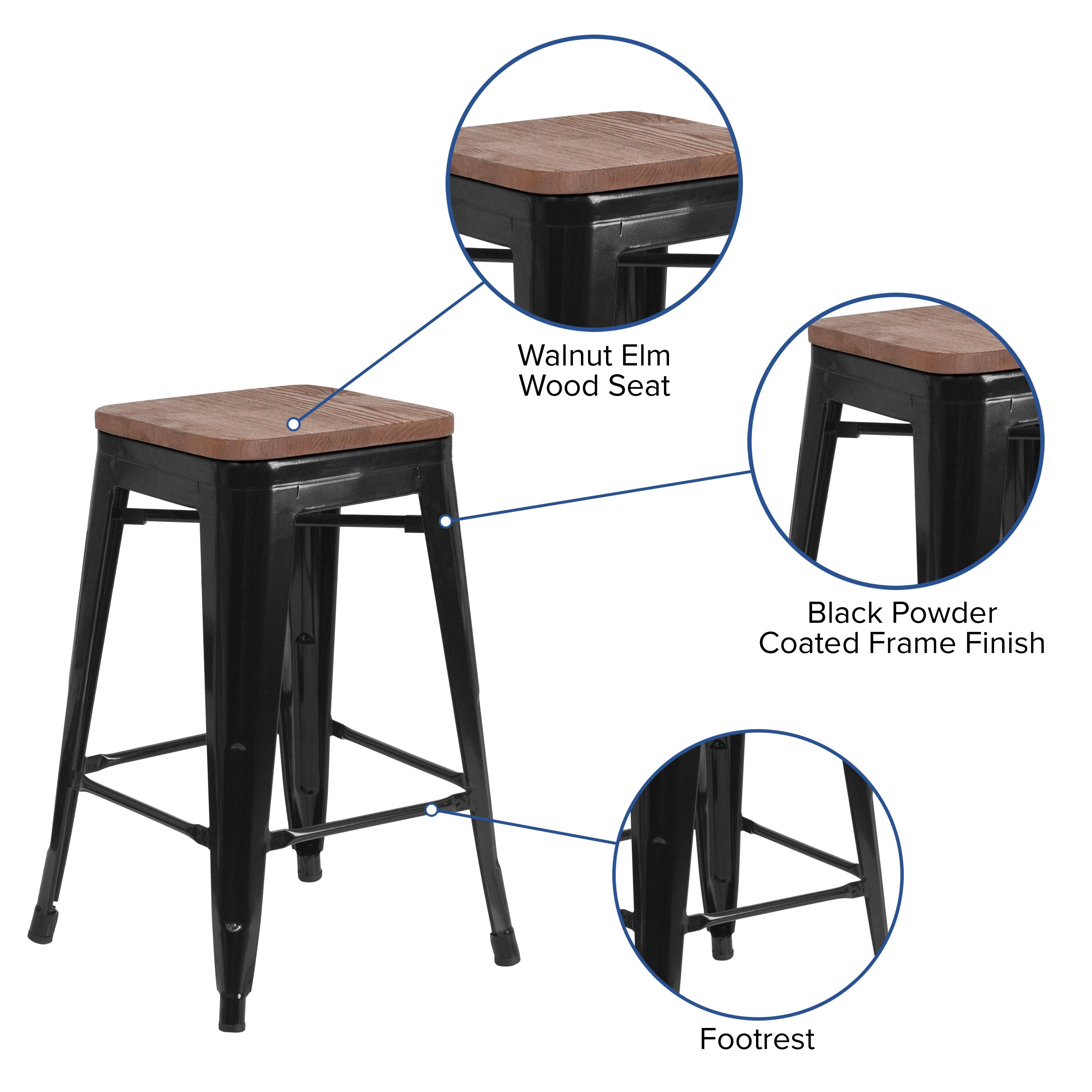 Walnut Elm Wood Seat  
Black Powder Coated Frame Finish  
Footrest