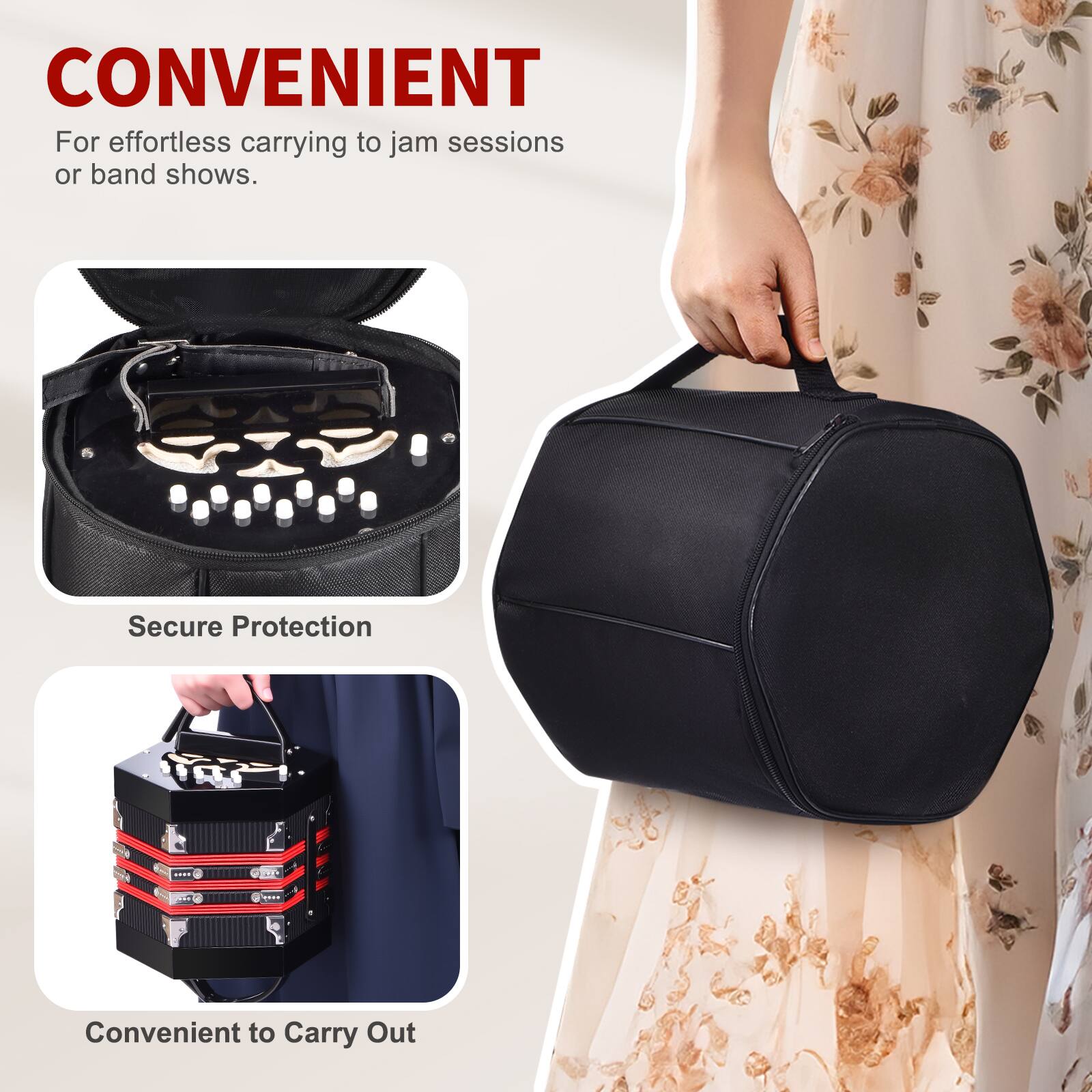 CONVENIENT  
For effortless carrying to jam sessions or band shows.

Secure Protection

Convenient to Carry Out