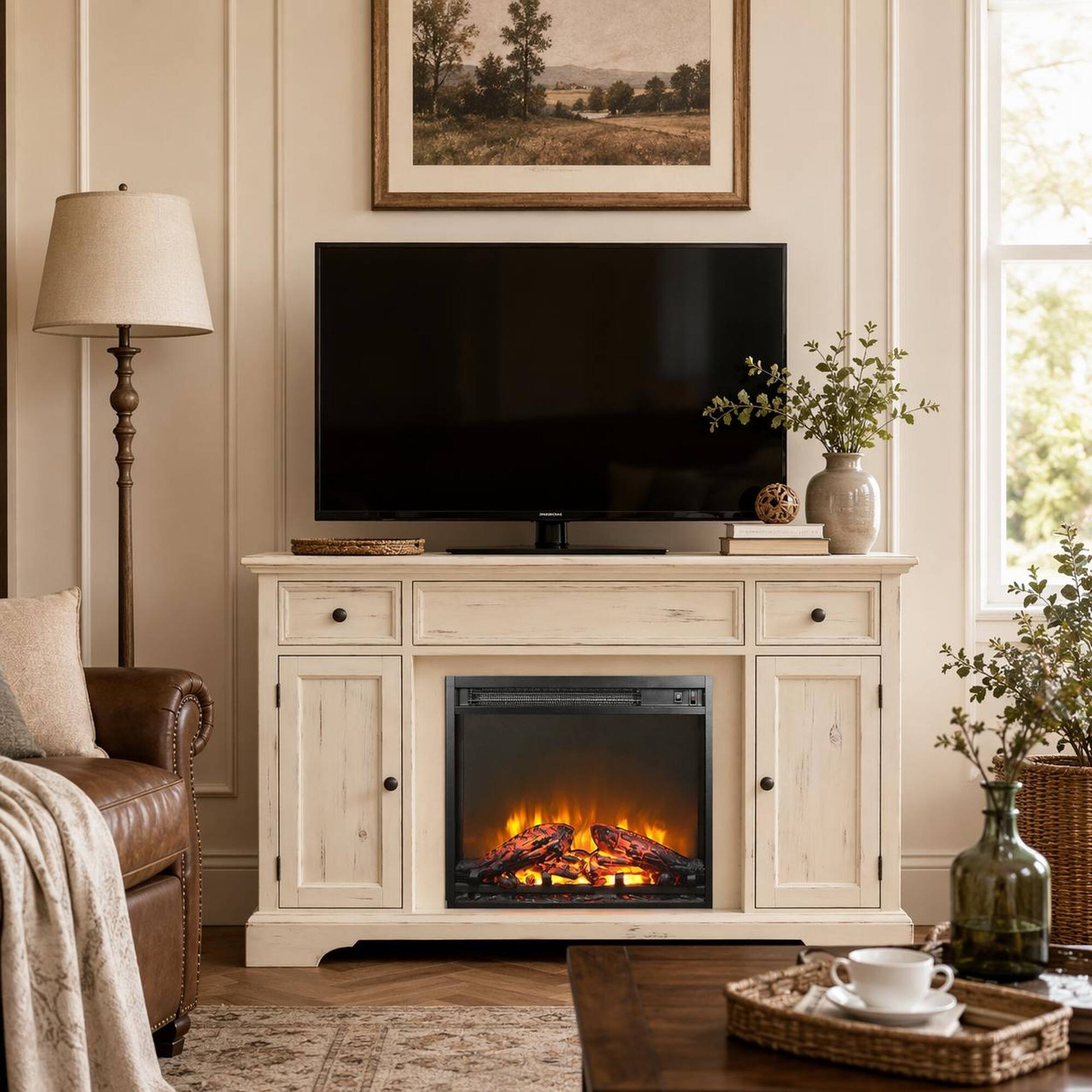 Left. RYHNUYNE - 18 Inch Electric Fireplace Insert – Ultra Thin Heater with Log Set & Realistic Flame for TV Stand, Fireplace Cabinet - Antique Black.