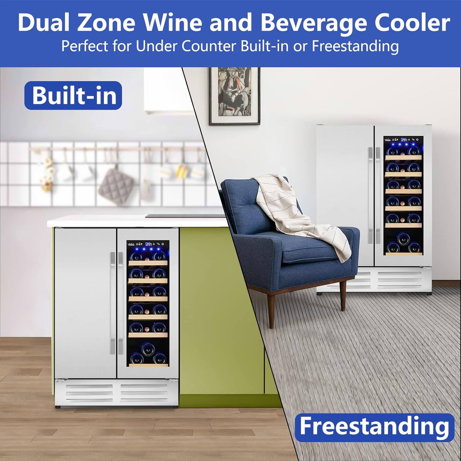 Dual Zone Wine and Beverage Cooler Perfect for Under Counter Built-in or Freestanding Built-in Freestanding