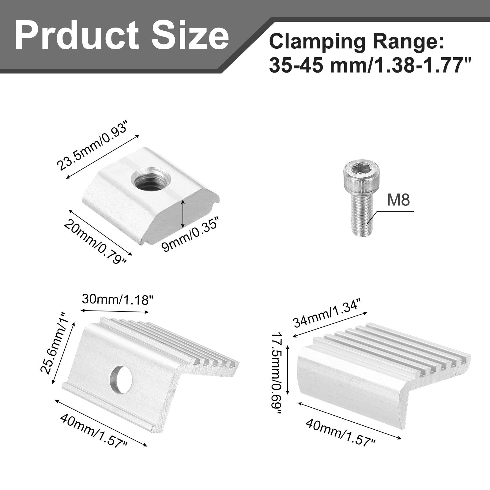 Product Size  
Clamping Range: 35-45 mm/1.38-1.77"  

- 23.5mm/0.93"  
- 20mm/0.79"  
- 9mm/0.35"  
- 30mm/1.18"  
- 25.6mm/1"  
- 40mm/1.57"  
- 34mm/1.34"  
- 17.5mm/0.69"  
- 40mm/1.57"  

M8