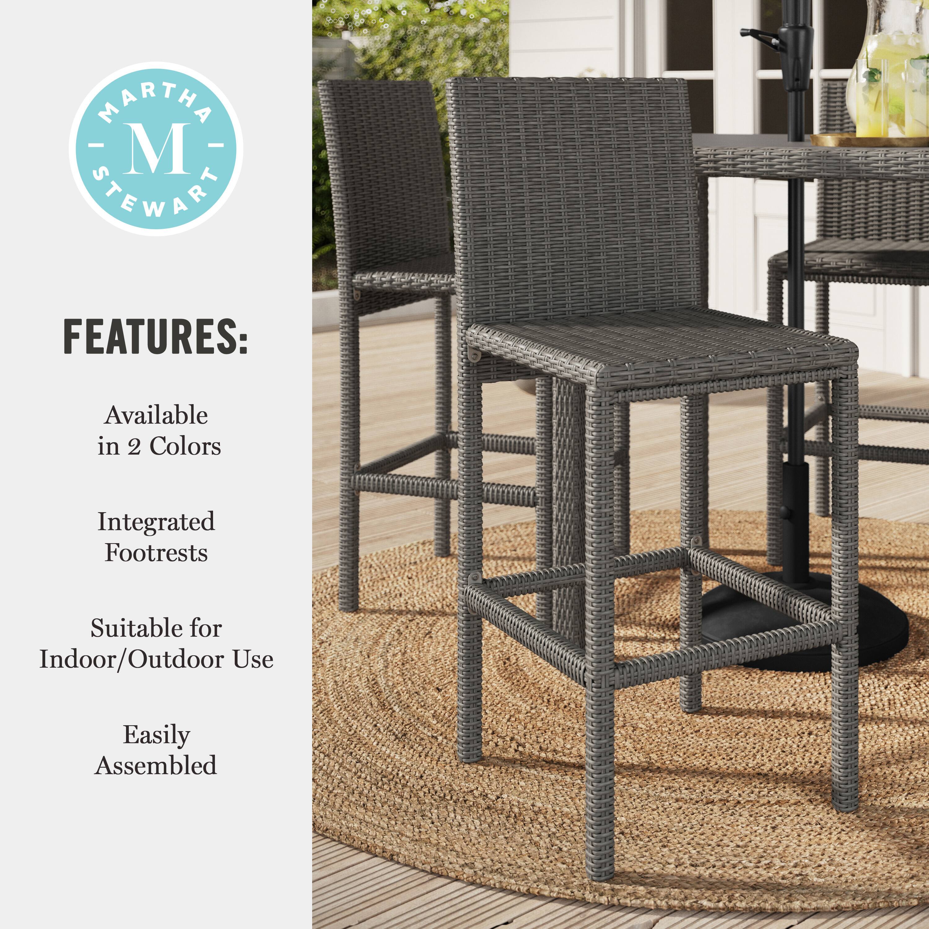 Martha Stewart Features: Available in 2 colors, integrated footrests, suitable for indoor/outdoor use, and easily assembled.