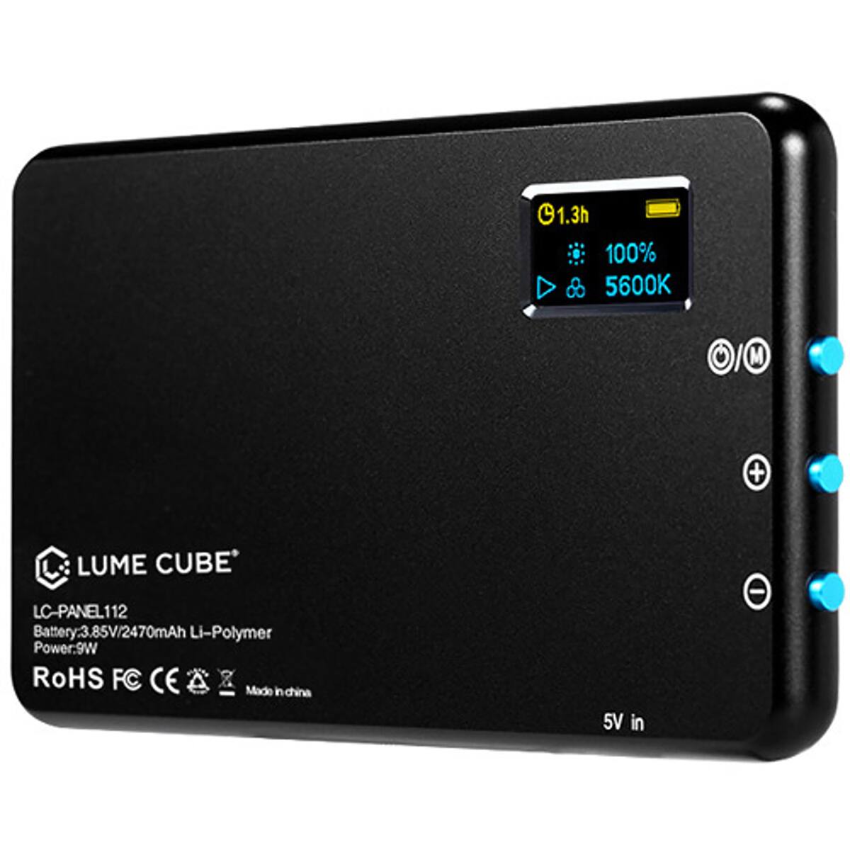 1.3h 100% & 5600K  
LUME CUBE LC-PANEL112  
Battery: 3.85V/2470mAh Li-Polymer  
Power: 9W  
RoHS FC CE  
Made in China  
5V in