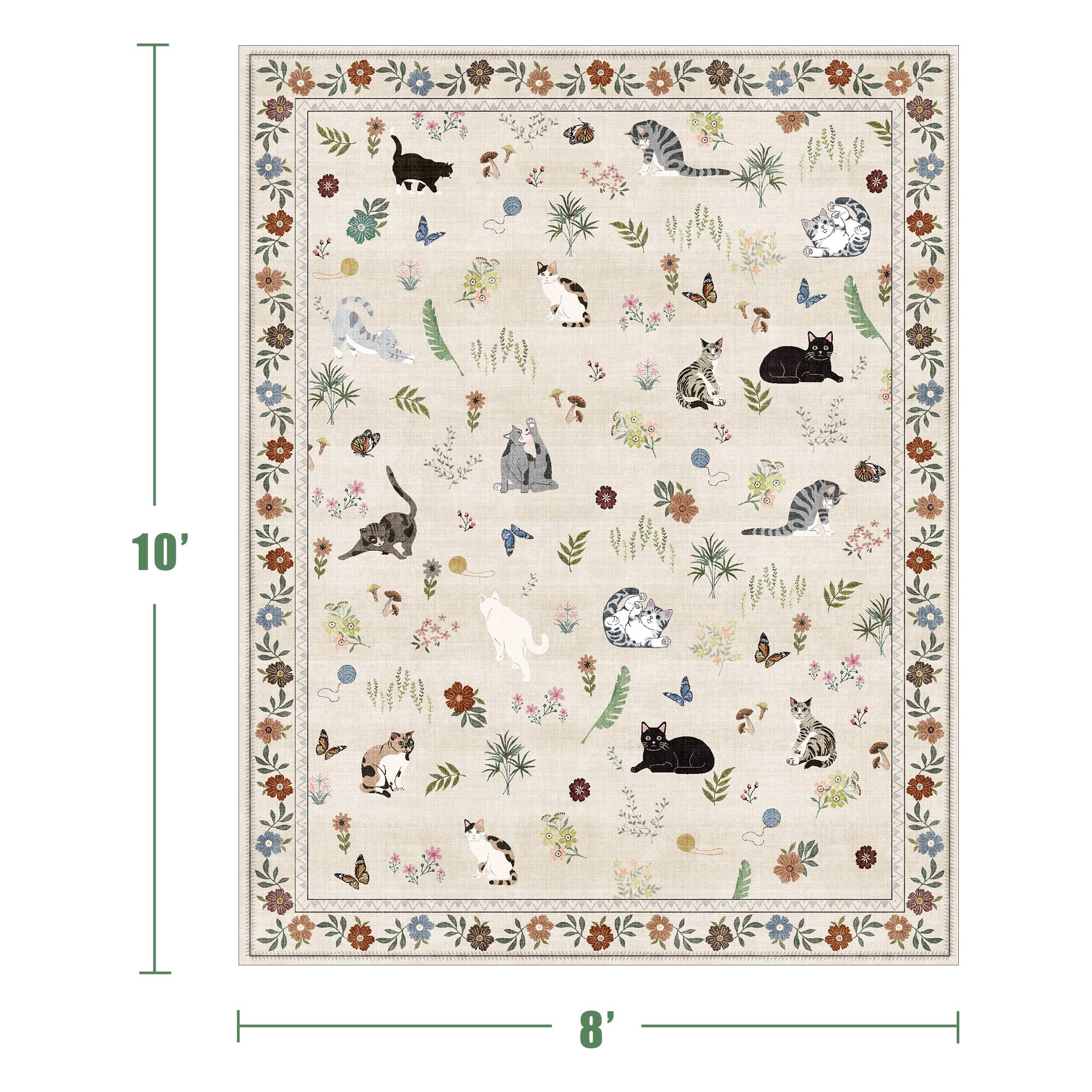 Alt View 1. KERDOM - 8x10' Extra Large Area Rug, Cat-Themed Floral Carpet for Living Room & Master Bedroom, Rubber Backing, Machine Washable - Beige.